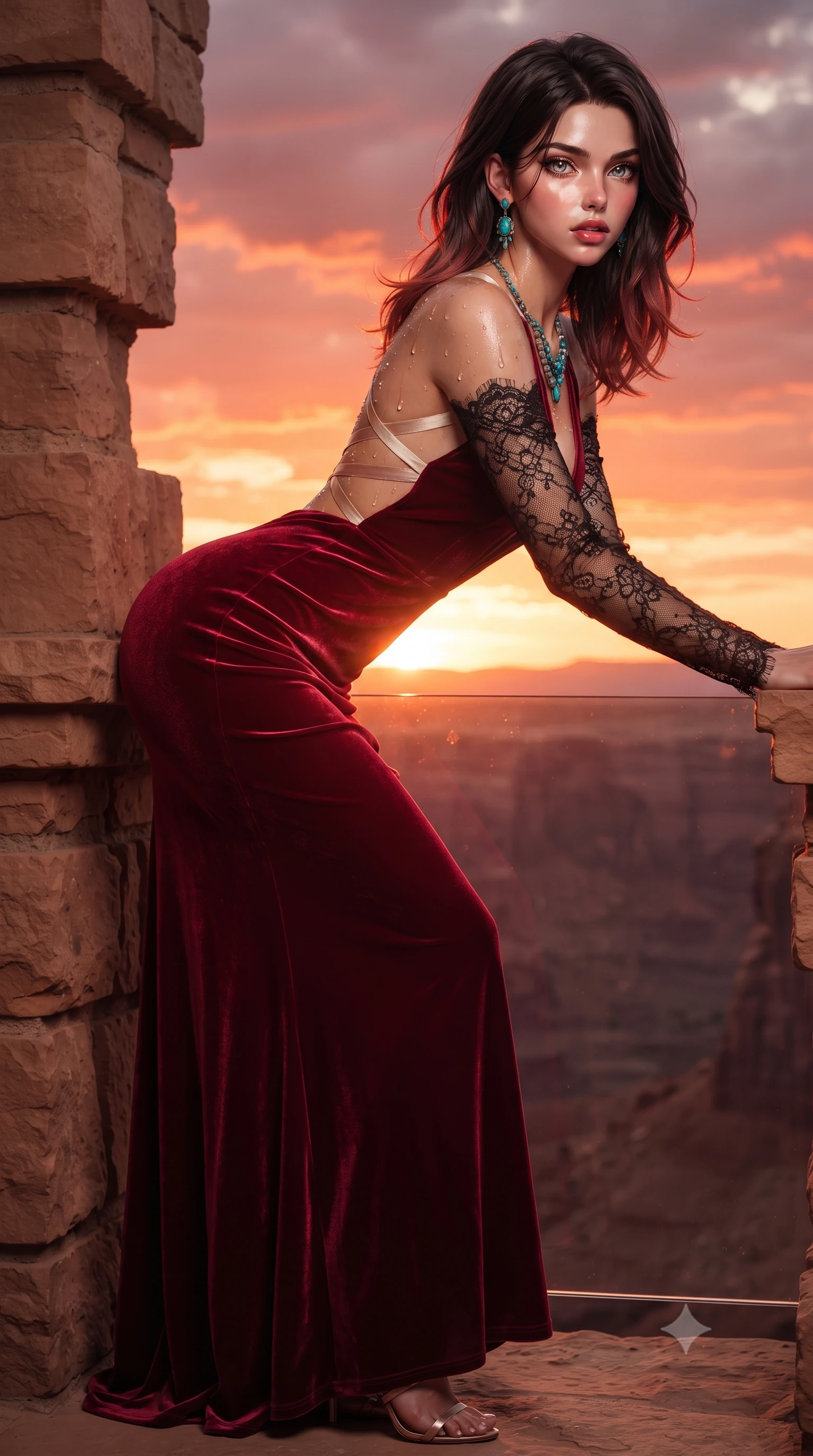 score_9, masterpiece, best quality, ultra-detailed, high-budget anime keyframe, editorial fashion photography, tasteful artistic composition, Korean woman. low angle full-body shot from head to toe showing her feet, filling the entire 9:16 vertical frame with her statuesque presence, stretching her vertical silhouette. leaning deep against the structural architecture with hips cocked in an unapologetically bold, seductive high-fashion stance while leaning forward over the smooth sandstone cliff railing with lower back arched, basking in the fiery Arizona sunset that warms her bare shoulders. The surrounding environment is rendered in vivid detail and crisp panoramic clarity. detailed turquoise stone jewelry, wet skin water droplet beads, and distant canyon cliff clarity in high resolution. She has an exceptionally tall and slender model-like 8.5-heads proportion, an ultra-slim waist, a flat toned midriff, narrow delicate ribcage, and beautifully sculpted feminine hips creating a graceful, slim hourglass silhouette without any bulky heaviness, with impossibly long slender legs. sharp v-shaped jawline, high-bridge nose, intricate jewel-like eyes with depth, thick eyelashes, glossy parted lips with a natural sheen, intensely captivating and seductive bedroom-eyes expression, flawlessly proportioned anatomical accuracy, strict slender model proportions, natural body alignment, perfectly sculpted long slender limbs, ultra-slim waistline, clean dynamic posture without body distortion. wearing a plunging-V neckline crushed crimson velvet opera gown with delicate black lace sleeves and bare back in vintage champagne ivory and delicate rose gold, made of fluid silk crepe with delicate inner corsetry boning, finished with criss-cross back satin straps highlighting her graceful shoulder blades, the liquid-tight tailored fabric clinging flawlessly to her narrow waist and rounded feminine hips, emphasizing every millimeter of her sculpted slim hourglass curves without any bulky heaviness. bathed in blazing crimson and copper sunset backlighting and warm sandstone bounce fill. ultra-reflective glossy finish, specular highlights, rich textural contrasts, high-contrast stereoscopic depth, volumetric dynamic lighting, 2k, ultra detail, master piece, 9:16 ratio