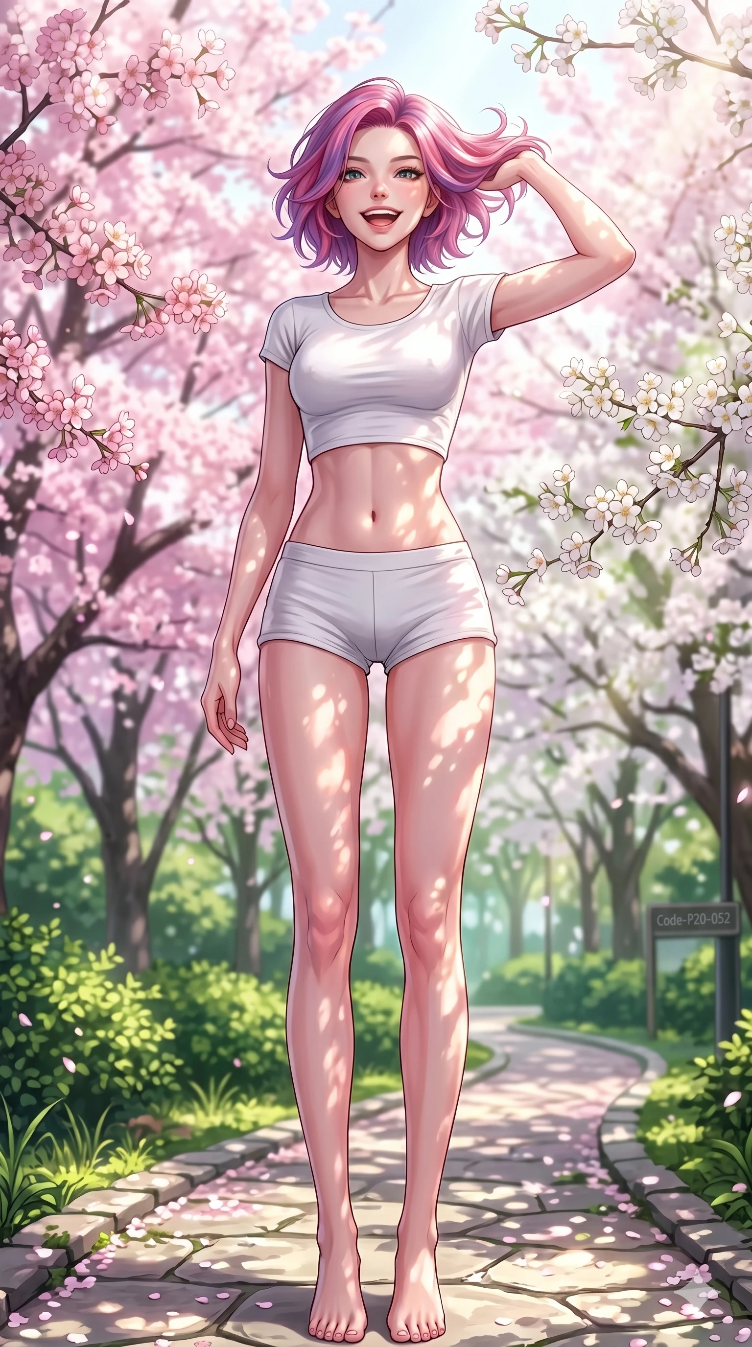 score_9, masterpiece, best quality, ultra-detailed, high-budget anime keyframe, vibrant anime aesthetic, Caucasian woman, strictly human ears. low angle full-body shot from head to toe showing her feet, filling the entire 9:16 vertical frame with her statuesque presence, stretching her vertical silhouette. She is posing with a delightful grin, tossing her hair back with a happy laugh by a spring park pathway under bright midday sunbeams (Code-P20-052). She has an absolutely perfect 8-heads proportion, an exceptionally tall and slender female figure with impossibly long slender legs and an ultra-slim waist. V-shaped jawline, high-bridge nose, intricate jewel-like eyes with depth, thick eyelashes, glossy lips with a natural sheen. wearing a tight crop top showing her bare midriff and micro-shorts in white cotton. She is drenched in soft sunbeams filtering through cherry blossoms, casting a pinkish glow. 2k, ultra detail, master piece, 9:16 ratio