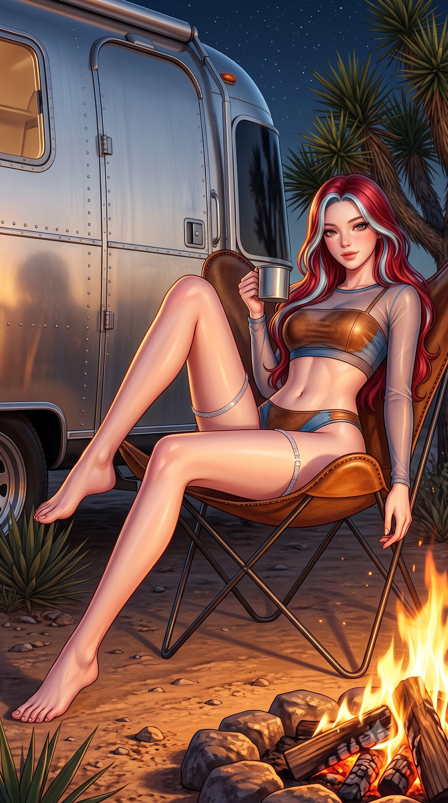 score_9, masterpiece, best quality, ultra-detailed, high-budget anime keyframe, semi-realistic 3D game render, editorial fashion photography, tasteful artistic composition, Caucasian woman. low angle full-body shot from head to toe showing her feet, filling the entire 9:16 vertical frame with her statuesque presence, stretching her vertical silhouette. reclining gracefully across the plush chaise lounge with one leg extended, her sculpted silhouette and flat midriff radiating magnetic nocturnal glamour while lounging in a vintage butterfly leather chair by the fire, holding a tin mug with effortless coquettish charm and bedroom-eyes. The surrounding environment is rendered in vivid detail and crisp panoramic clarity: sharp crackling mesquite wood coals, aluminum trailer rivet seams, and spiky Joshua tree leaves in deep focus. She has an absolutely perfect, statuesque 8.5-heads proportion, an exceptionally tall and slender model-like female figure with impossibly long slender legs, an ultra-slim waist, a flat toned midriff, narrow delicate ribcage, and beautifully sculpted feminine hips creating a graceful, slim hourglass silhouette without any bulky heaviness. sharp v-shaped jawline, high-bridge nose, sparkling eyes with hypnotic seductive depth, thick curled eyelashes, glossy parted lips with a natural dewy peach sheen, alluring bedroom-eyes with an enchanting coquettish smile, exuding magnetic siren charisma and sophisticated glamour, flawlessly proportioned anatomical accuracy, strict slender model proportions, natural body alignment, perfectly sculpted long slender limbs, ultra-slim waistline, clean dynamic posture without body distortion. wearing a sheer gossamer mesh long-sleeve rashguard crop top layered over an opaque strappy bandeau and low-waisted briefs in distressed whiskey leather brown and sun-bleached denim blue, tailored from second-skin technical compression neoprene with athletic curve-sculpting stretch, finished with delicate crystal-encrusted thigh garter straps glinting in the sunlight, the liquid-tight tailored fabric clinging flawlessly to her narrow waist and rounded feminine hips, emphasizing every millimeter of her sculpted slim hourglass curves without any bulky heaviness. illuminated by aluminum trailer reflection bounce and sharp amber-gold rim lighting sculpting her jawline, flat midriff, and voluptuous hip curves. highly saturated vibrant anime colors, detailed shading with soft gradients, rich glossy textures, high-contrast stereoscopic depth, volumetric dynamic lighting, master piece, 9:16 ratio