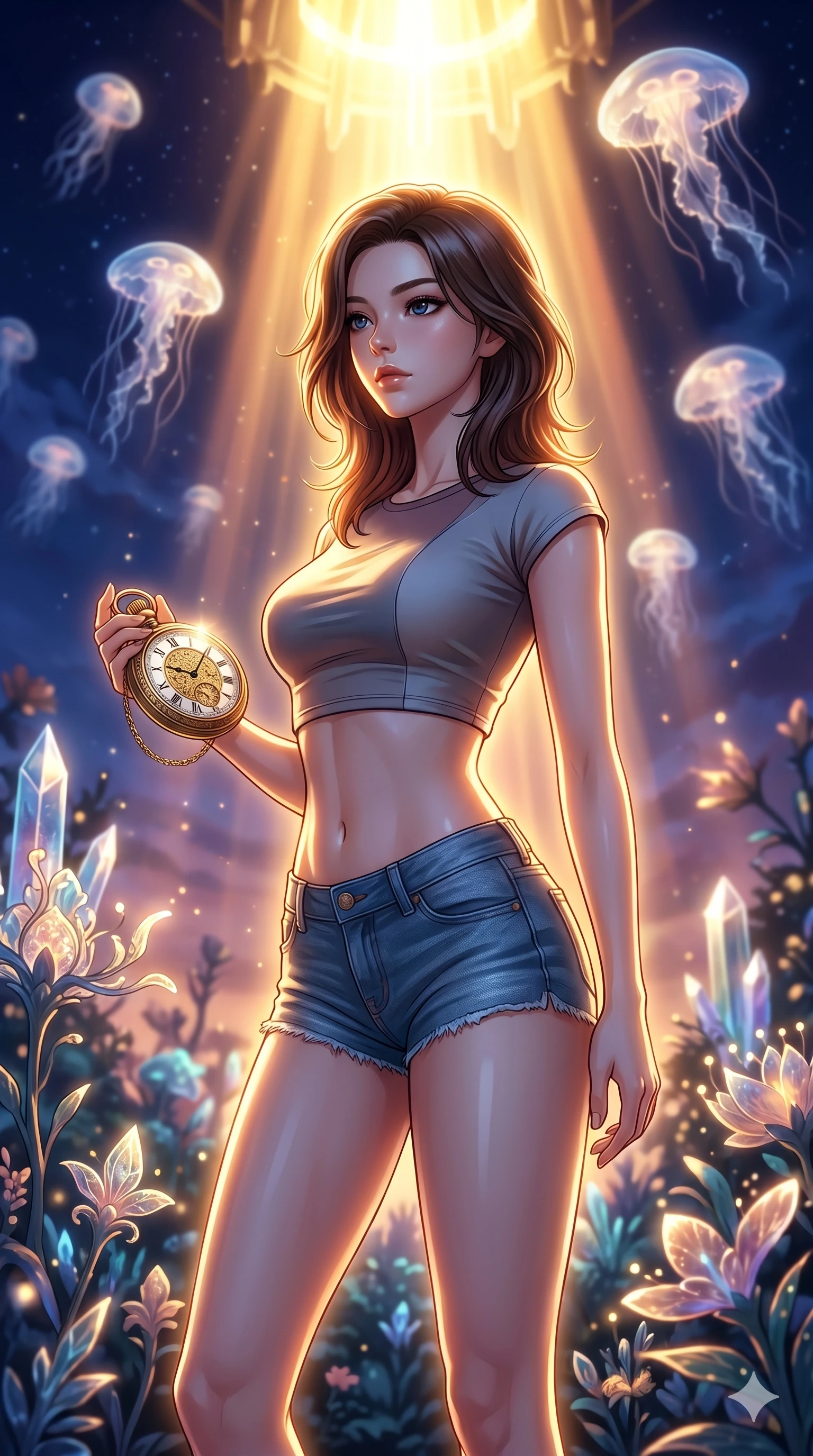 score_9, masterpiece, best quality, ultra-detailed, high-budget anime keyframe, editorial fashion photography, tasteful artistic composition, Korean woman. cowboy shot from the thighs up, character and outfit filling the frame for maximum editorial presence. holding a golden pocket watch, looking past the camera in a bioluminescent sky garden with floating translucent jellyfish clouds (Code-P18-069). She has an absolutely perfect 8-heads proportion, an exceptionally tall and slender female figure with impossibly long slender legs and an ultra-slim waist. V-shaped jawline, high-bridge nose, intricate jewel-like eyes with depth, thick eyelashes, glossy lips with a natural sheen. wearing a modern crop top exposing her bare midriff, paired with denim micro-shorts. brilliant golden rays from the ceiling, creating a warm glowing aura on her silhouette. 2k, ultra detail, master piece, 9:16 ratio