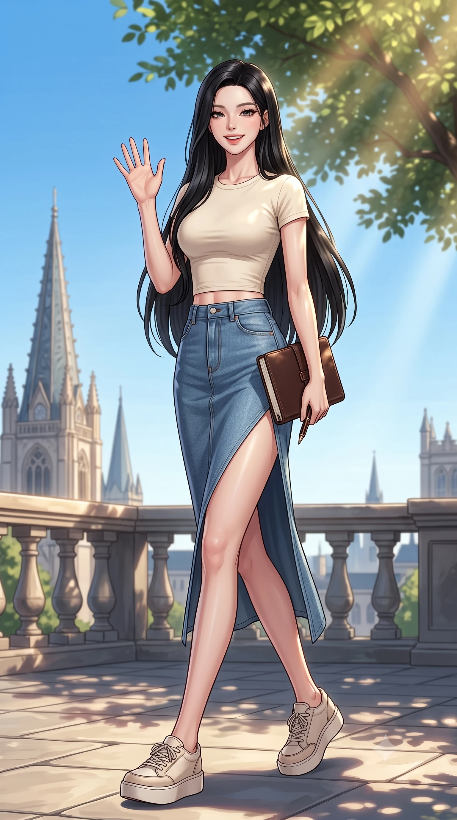 score_9, masterpiece, best quality, ultra-detailed, high-budget anime keyframe, editorial fashion photography, tasteful artistic composition, Korean woman. low angle full-body shot from head to toe showing her feet, filling the entire 9:16 vertical frame with her statuesque presence, stretching her vertical silhouette. stepping forward with a bright, cheerful smile, waving happily at the viewer set against a soft-focus background of on a scenic campus rooftop terrace overlooking the university spires and a blue sky holding a leather-bound journal and a matching pen. She has an absolutely perfect, statuesque 8.5-heads proportion, an exceptionally tall and slender model-like female figure with impossibly long slender legs and an ultra-slim waist. sharp v-shaped jawline, high-bridge nose, intricate jewel-like eyes with depth, thick eyelashes, glossy lips with a natural sheen. wearing slim-fit modern crop top tee in cream, paired with a high-slit denim midi skirt. warm morning sunbeams filtering through the leafy tree canopy. ultra-reflective glossy finish, specular highlights, metallic sheen, high-contrast stereoscopic depth, volumetric dynamic lighting, 2k, ultra detail, master piece, 9:16 ratio