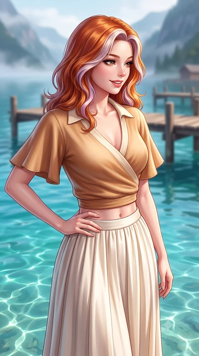 score_9, masterpiece, best quality, ultra-detailed, high-budget anime keyframe, semi-realistic 3D game render, editorial fashion photography, tasteful artistic composition, Caucasian woman. close-up cowboy shot from the waist and thighs up, the chara