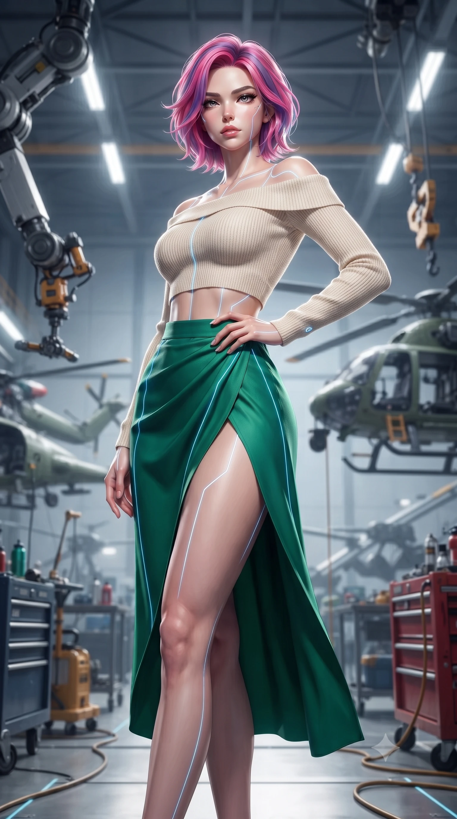 score_9, masterpiece, best quality, ultra-detailed, high-budget anime keyframe, editorial fashion photography, tasteful artistic composition, Caucasian woman. low angle full-body shot from head to toe showing her feet, filling the entire 9:16 vertical frame with her statuesque presence, stretching her vertical silhouette. posing confidently with one hand on her hip, stretching her statuesque body to emphasize her curves the background shows a soft-focus an automated repair bay with mechanical arms and helicopter parts in a hangar. She has an absolutely perfect, statuesque 8.5-heads proportion, an exceptionally tall and slender model-like female figure with impossibly long slender legs and an ultra-slim waist. sharp v-shaped jawline, high-bridge nose, intricate jewel-like eyes with depth, thick eyelashes, glossy lips with a natural sheen. wearing a body-hugging cropped off-shoulder knit top in cream paired with a high-slit wrap skirt in emerald green. glowing blue laser lines tracing her form with precision. ultra-reflective glossy finish, specular highlights, metallic sheen, high-contrast stereoscopic depth, volumetric dynamic lighting, 2k, ultra detail, master piece, 9:16 ratio
