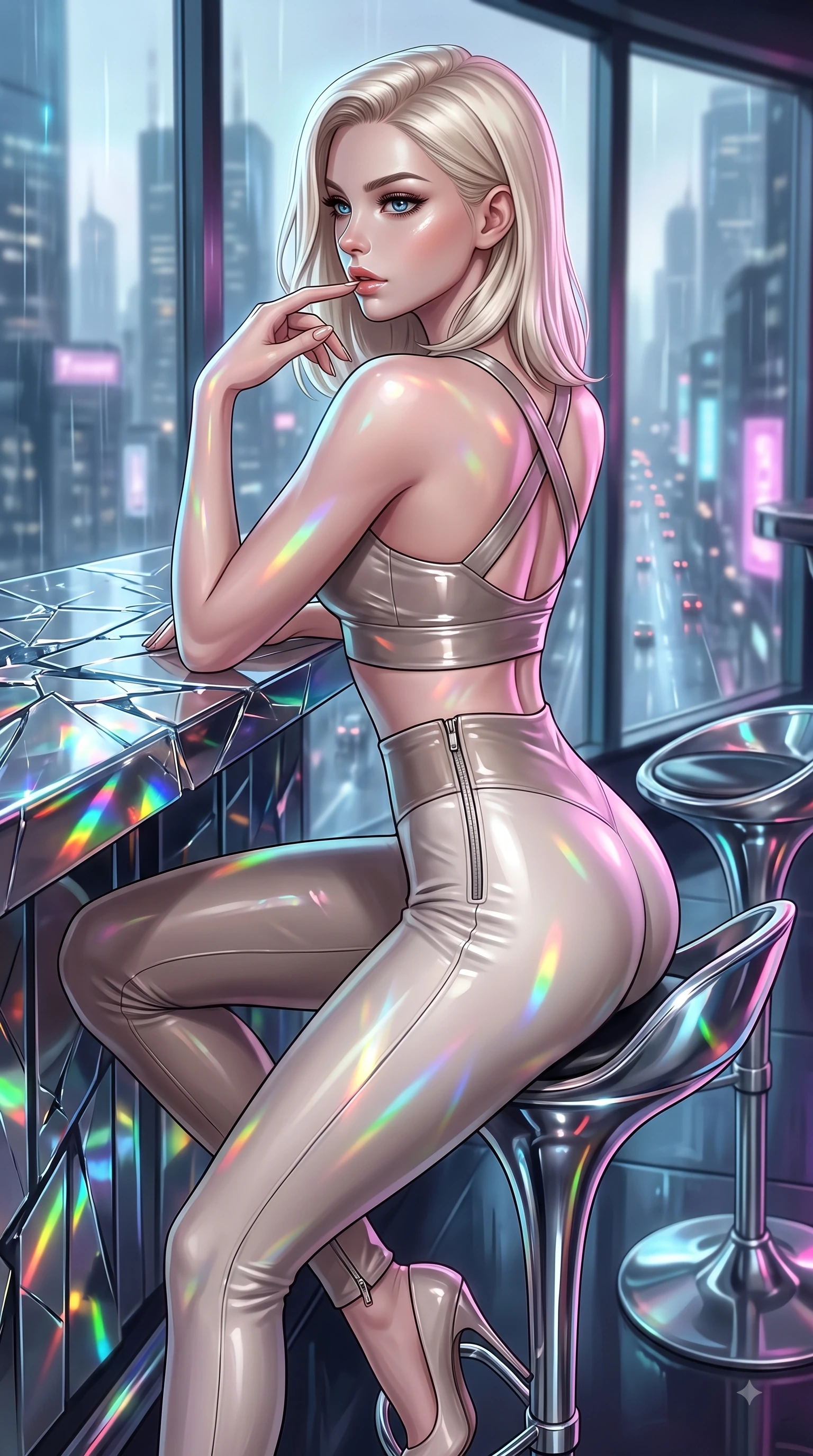 score_9, masterpiece, best quality, ultra-detailed, high-budget anime keyframe, editorial fashion photography, tasteful artistic composition, Caucasian woman. close-up cowboy shot from the waist and thighs up, the character dominates the composition, filling the frame with her large presence, background elements kept in soft focus. Resting two fingers near her glossy lips, casting a sharp mysterious side-gaze during her dynamic motion while perched on a sleek chrome barstool in a futuristic sky-lounge overlooking rain-slicked city streets, shattered mirror bar fragments scattering brilliant rainbow specular highlights. She has an exceptionally elegant, slender, and willowy female figure with an ultra-slim waist, a gracefully sculpted slender torso, and a refined silhouette. sharp v-shaped jawline, high-bridge nose, intricate jewel-like eyes with depth, thick eyelashes, glossy lips with a natural sheen, flawlessly proportioned anatomical accuracy, natural body alignment, perfectly sculpted elegant limbs, clean dynamic posture without body distortion. wearing a glossy vinyl crop top and high-waist tailored leggings with sleek zippers in muted taupe and soft ivory, crafted from smooth liquid silk, complemented by criss-cross back straps highlighting her bare shoulders, the glove-like fit emphasizing her statuesque silhouette during motion. drenched in wet neon reflections with brilliant specular highlights on her silhouette. ultra-reflective glossy finish, specular highlights, metallic sheen, high-contrast stereoscopic depth, volumetric dynamic lighting, 2k, ultra detail, master piece, 9:16 ratio