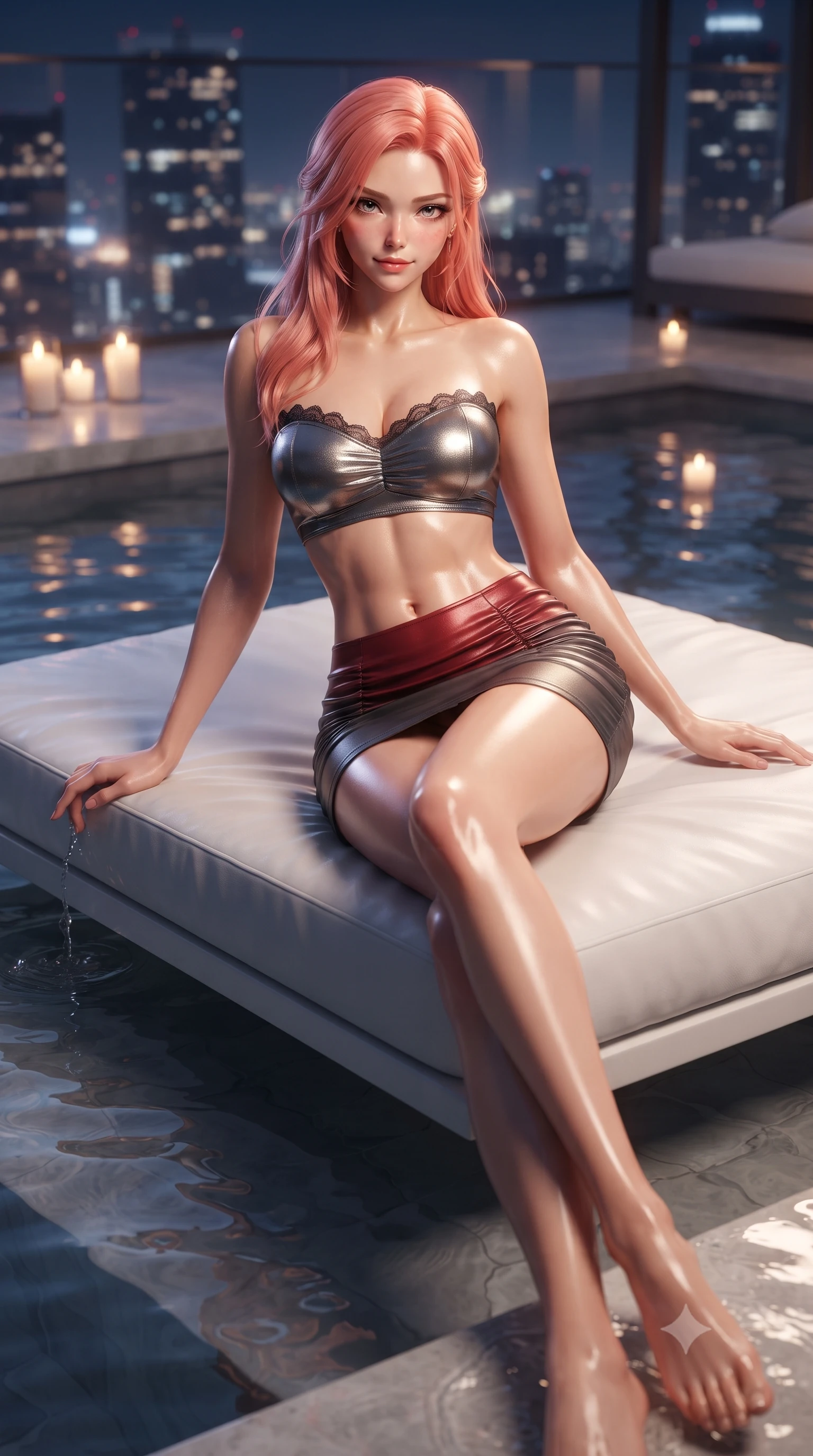 score_9, masterpiece, best quality, ultra-detailed, high-budget anime keyframe, editorial fashion photography, tasteful artistic composition, Japanese woman. low angle full-body shot from head to toe showing her feet, filling the entire 9:16 vertical frame with her statuesque presence, stretching her vertical silhouette. lounging on the lavish poolside daybed with legs crossed and hips angled toward the camera, displaying her toned midriff and long slender limbs with effortless siren poise while lounging languidly on a floating white daybed with legs crossed, one hand trailing in the warm water while casting an intoxicating bedroom-gaze toward the camera. The background shows a soft-focus floating votive candles and gentle water ripples softened in sultry midnight penthouse shallow focus. She has an absolutely perfect, statuesque 8.5-heads proportion, an exceptionally tall and slender model-like female figure with impossibly long slender legs, an ultra-slim waist, a flat toned midriff, narrow delicate ribcage, and beautifully sculpted feminine hips creating a graceful, slim hourglass silhouette without any bulky heaviness. sharp v-shaped jawline, high-bridge nose, sparkling eyes with hypnotic seductive depth, thick curled eyelashes, glossy parted lips with a natural dewy peach sheen, alluring bedroom-eyes with an enchanting coquettish smile, exuding magnetic siren charisma and sophisticated high-fashion glamour, flawlessly proportioned anatomical accuracy, strict slender model proportions, natural body alignment, perfectly sculpted long slender limbs, ultra-slim waistline, clean dynamic posture without body distortion. wearing a liquid metallic lamé bandeau top paired with a curve-accentuating ruched low-rise mini skirt in rich cherry lacquer and smoky charcoal, woven from buttery-soft stretch lambskin leather adhering to her body like a second skin, finished with scalloped eyelash lace trim framing her sweetheart neckline with intimate elegance, the form-contouring silhouette accentuating her sculpted flat midriff, narrow delicate ribcage, and gracefully curvy hips with intoxicating allure. illuminated by city skyline specular reflections and sharp platinum rim lights accentuating her razor-sharp jawline, narrow waist, and curvy hips. ultra-reflective glossy finish, specular highlights, rich textural contrasts, high-contrast stereoscopic depth, volumetric dynamic lighting, 2k, ultra detail, master piece, 9:16 ratio