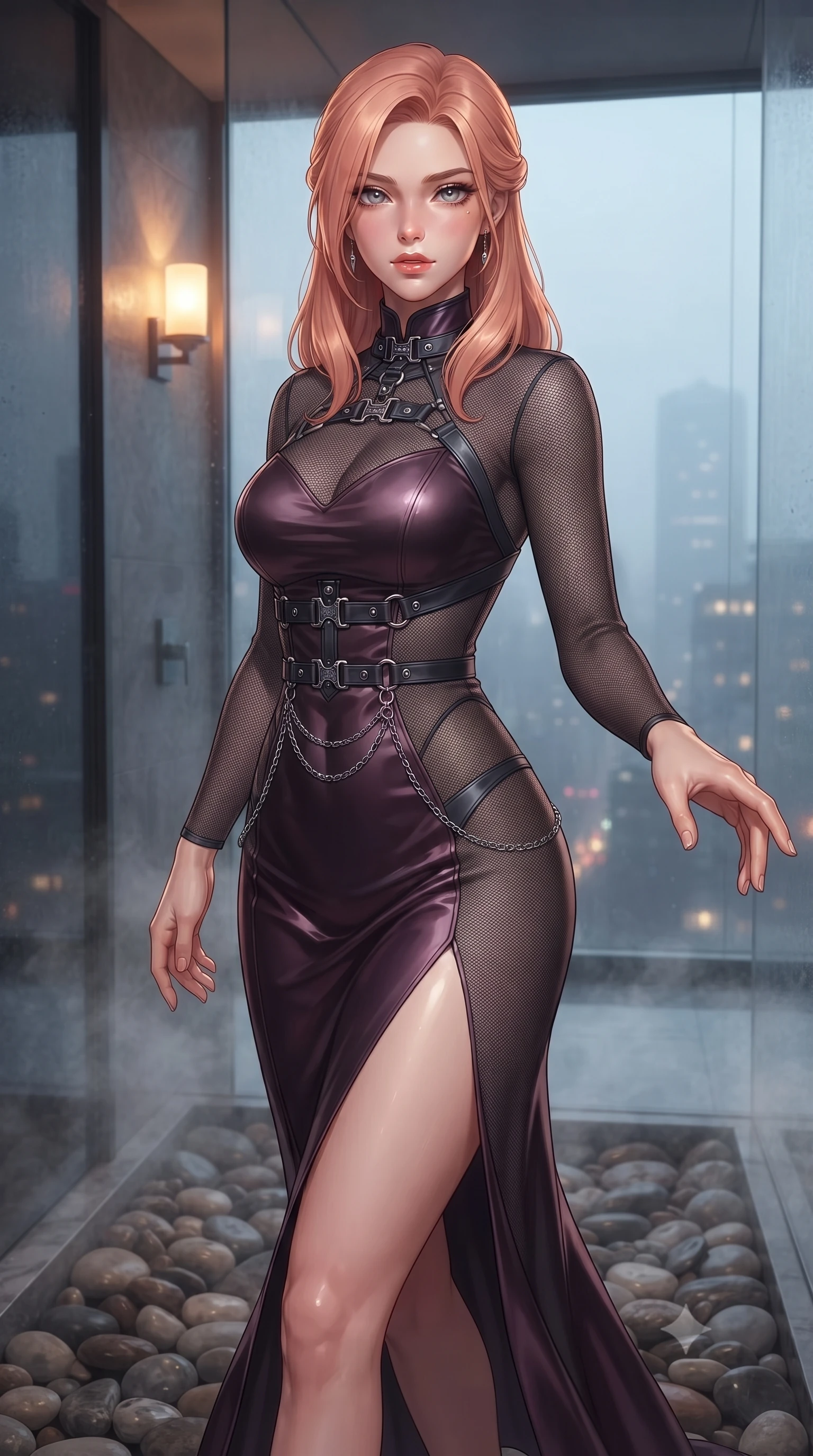 score_9, masterpiece, best quality, ultra-detailed, high-budget anime keyframe, editorial fashion photography, tasteful artistic composition, Japanese woman. close-up cowboy shot from the waist and thighs up, the character dominates the composition, filling the frame with her large presence, background elements kept in soft focus. Reaching one hand toward the viewer with relaxed sensual elegance, stepping gracefully across smooth river stones in a private glass steam room, warm amber glow highlighting her sharp v-shaped jawline and glossy lips. She has an exceptionally elegant, slender, and willowy female figure with an ultra-slim waist, a gracefully sculpted slender torso, and a refined silhouette. sharp v-shaped jawline, high-bridge nose, intricate jewel-like eyes with depth, thick eyelashes, glossy lips with a natural sheen. wearing gothic high-collar dark plum silk evening gown with bell sleeves in dark charcoal gray, made of fine dark contouring mesh, framed by dark titanium buckles and silver chain details, accentuating her gracefully sculpted slender torso. lit by low-key sconce rays contrasting against cold misty city skyglow. ultra-reflective glossy finish, specular highlights, metallic sheen, high-contrast stereoscopic depth, volumetric dynamic lighting, 2k, ultra detail, master piece, 9:16 ratio