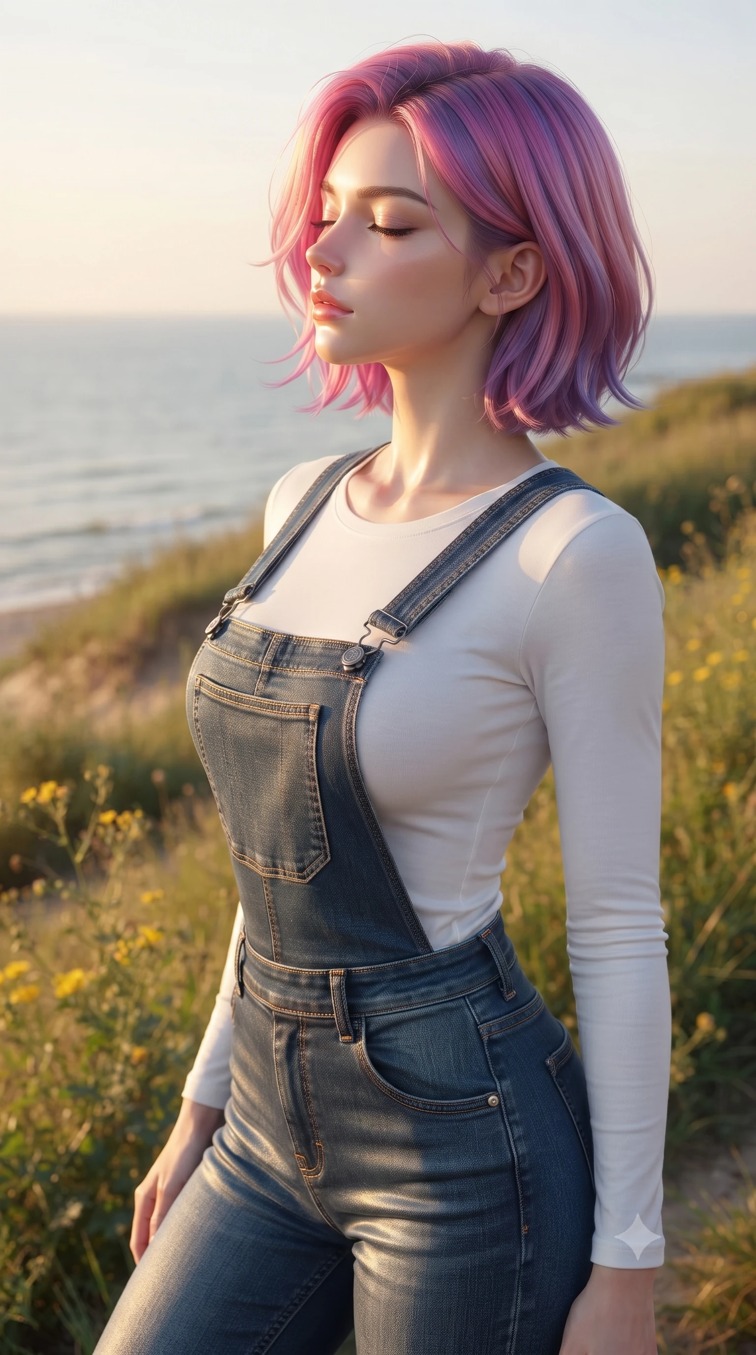 score_9, masterpiece, best quality, ultra-detailed, high-budget anime keyframe, editorial fashion photography, tasteful artistic composition, Caucasian woman woman. close-up cowboy shot from the waist and thighs up, the character dominates the composition, filling the frame with her large presence, background elements kept in soft focus. turning her face in profile to catch the warm sunlight on her cheek, eyes softly closed the background shows a soft-focus a grassy dune on the beach with wild yellow flowers overlooking a quiet sea. She has an exceptionally elegant, slender, and willowy female figure with an ultra-slim waist, a gracefully sculpted slender torso, and a refined silhouette. sharp v-shaped jawline, high-bridge nose, intricate jewel-like eyes with depth, thick eyelashes, glossy lips with a natural sheen. wearing a form-contouring casual denim overall worn over a simple white long-sleeve tee. warm golden afternoon sunlight bathing the landscape in a soft glow. ultra-reflective glossy finish, specular highlights, metallic sheen, high-contrast stereoscopic depth, volumetric dynamic lighting, 2k, ultra detail, master piece, 9:16 ratio