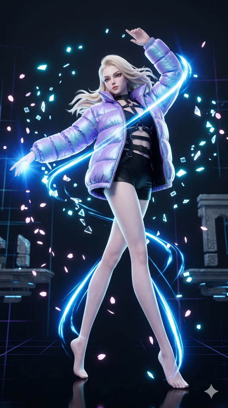 score_9, masterpiece, best quality, ultra-detailed, Semi-realistic 3D Game Render, high-fidelity character model, intricate armor textures, dynamic particle effects, Unreal Engine 5 aesthetic, crisp 3D depth, Caucasian woman with pale skin, blonde hair, and (strictly human ears). Wide-angle low shot emphasizing her impossibly long slender legs and commanding stature. Dancing gracefully with floating data-shards and crystalline fragments in a minimalist digital void, her movements leaving trails of glowing blue light. She has an absolutely perfect 8-heads proportion, an exceptionally tall and slender female figure with impossibly long slender legs and an ultra-slim waist, her statuesque height and towering silhouette dominating the vertical 9:16 frame. Her face is a masterpiece featuring a sharp v-shaped jawline, high-bridge nose, intricate jewel-like eyes with depth, thick eyelashes, and glossy lips with a natural sheen. She is wearing a Oversized puffer jacket worn over a micro-shorts and harness set, unzipped to reveal her chest crafted from Iridescent vinyl with a futuristic sheen that shifts between violet and cyan, with sheer fabric transparency over her delicate curves and a high-cut silhouette. The scene is set in an ancient floating island with pink cherry blossoms falling like snow against a blue sky, illuminated by intense energy flares from her powers illuminating the scene with brilliant light. 2k, ultra detail, master piece, 9:16 ratio