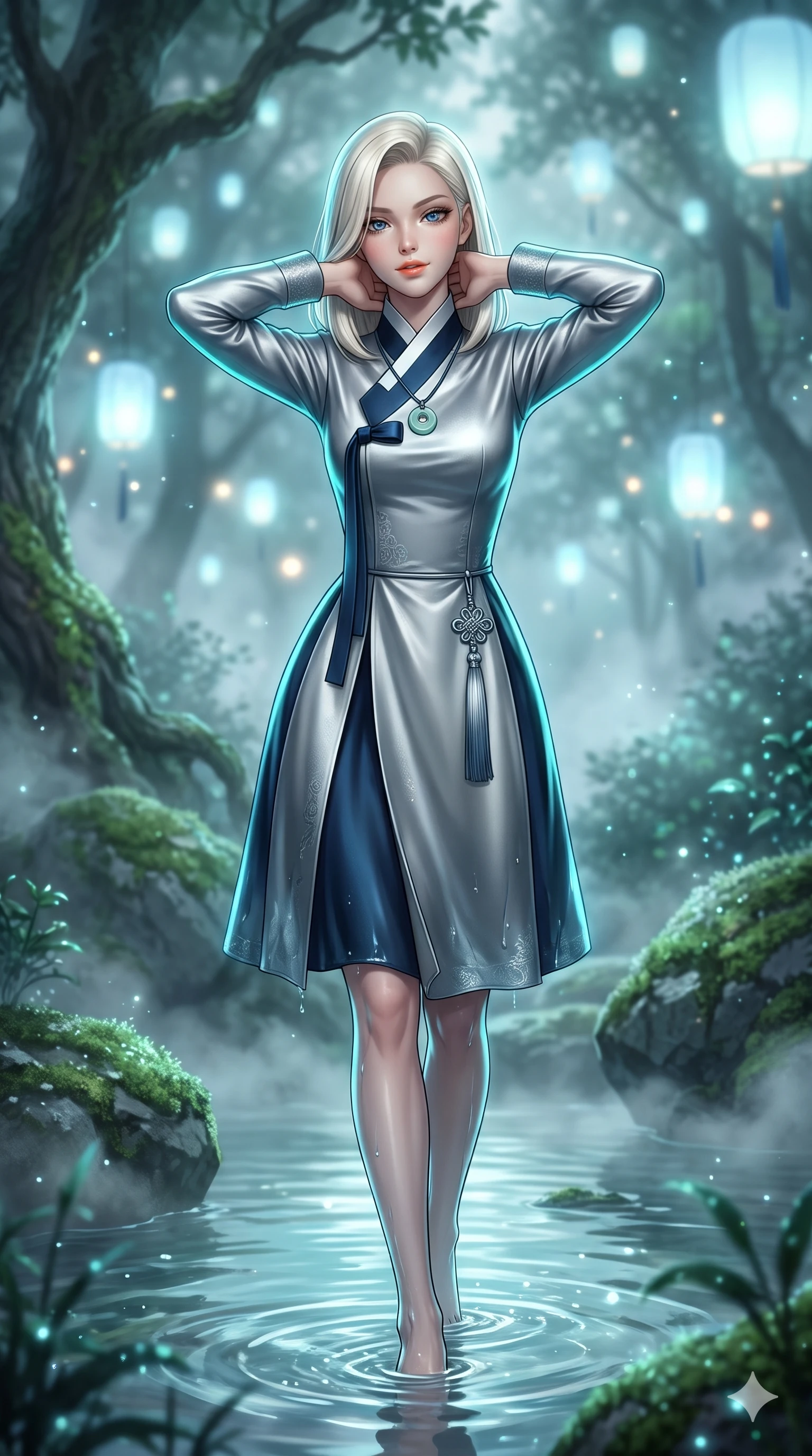 score_9, masterpiece, best quality, ultra-detailed, high-budget anime keyframe, semi-realistic 3D game render, editorial fashion photography, tasteful artistic composition, Caucasian woman. close-up cowboy shot from the waist and thighs up, the character dominates the composition, filling the frame with her large presence. resting both hands lightly behind her neck with elbows raised, arching her spine to highlight her narrow waist, flat midriff, and breathtaking collarbones while stepping gracefully through the misty spring waters, her long slender legs and curvy hourglass hips commanding the mystical grove. The background shows a soft-focus floating pale blue spirit lanterns, moss-covered boulders, and swirling mountain spring mist blurred into pale cyan, emerald, and charcoal bokeh. She has an exceptionally elegant, slender, and willowy female figure with an ultra-slim waist, flat toned midriff, narrow ribcage, and sculpted feminine hips creating an alluring, slim hourglass silhouette without bulk. sharp v-shaped jawline, high-bridge nose, sparkling eyes with hypnotic seductive depth, thick curled eyelashes, glossy parted lips with a natural dewy peach sheen, alluring bedroom-eyes with an enchanting coquettish smile, exuding magnetic siren charisma and sophisticated glamour, flawlessly proportioned anatomical accuracy, strict slender model proportions, natural body alignment, perfectly sculpted long slender limbs, ultra-slim waistline, clean dynamic posture without body distortion. wearing a bespoke high-neck modernized hanbok coat dress with an architectural collar and silk norigae knot tie in metallic liquid silver and deep sapphire navy, tailored from smooth liquid silk satin with a natural dewy moonlight sheen, finished with a minimalist celadon porcelain pendant on a fine silk cord, the bespoke structured tailoring following the natural line of her 8.5-heads silhouette with refined elegance. illuminated by spring water surface bounce and sharp cyan-aquamarine rim lights defining her razor-sharp jawline, narrow waist, and curvy hips. highly saturated vibrant anime colors, detailed shading with soft gradients, rich glossy textures, high-contrast stereoscopic depth, volumetric dynamic lighting, master piece, 9:16 ratio