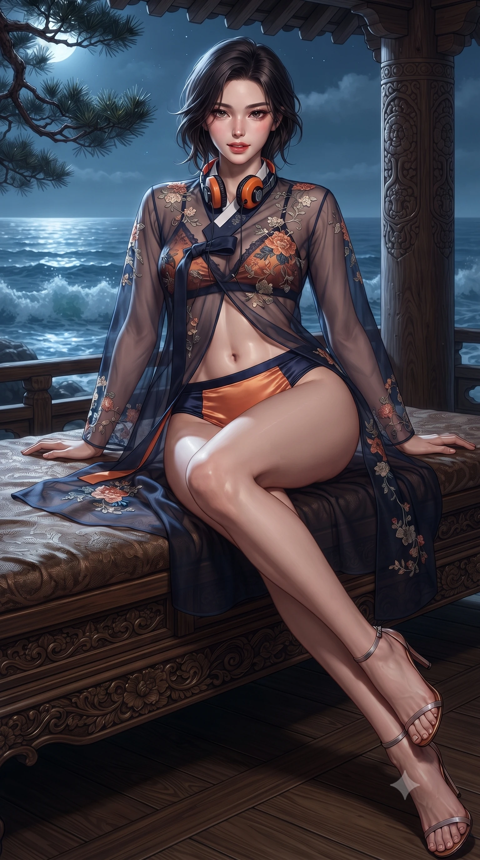 score_9, masterpiece, best quality, ultra-detailed, high-budget anime keyframe, editorial fashion photography, tasteful artistic composition, Korean woman. low angle full-body shot from head to toe showing her feet, filling the entire 9:16 vertical frame with her statuesque presence, stretching her vertical silhouette. lounging on the lavish daybed with legs crossed and hips angled toward the camera, displaying her toned midriff and long slender limbs with effortless siren poise while twisting her slender torso in an alluring contrapposto stance, moonlight carving sharp highlights across her flat midriff and curvy hips. The surrounding environment is rendered in vivid detail and crisp panoramic clarity: sharp pine bark textures, wooden pillar grain, and crashing wave crest clarity in deep focus. She has an absolutely perfect, statuesque 8.5-heads proportion, an exceptionally tall and slender model-like female figure with impossibly long slender legs, an ultra-slim waist, a flat toned midriff, narrow delicate ribcage, and beautifully sculpted feminine hips creating a graceful, slim hourglass silhouette without any bulky heaviness. sharp v-shaped jawline, high-bridge nose, sparkling eyes with hypnotic seductive depth, thick curled eyelashes, glossy parted lips with a natural dewy peach sheen, alluring bedroom-eyes with an enchanting coquettish smile, exuding magnetic siren charisma and sophisticated glamour, flawlessly proportioned anatomical accuracy, strict slender model proportions, natural body alignment, perfectly sculpted long slender limbs, ultra-slim waistline, clean dynamic posture without body distortion. wearing a provocative sheer illusion mesh jeogori with strategic embroidered silk flowers over a micro-bralette and satin briefs in sunset tangerine orange and deep navy indigo, made of sheer gossamer chiffon that drapes softly against skin with airy translucence, complemented by a retro cassette walkman with vintage foam-padded orange headphones, the precision-cut side openings and low-back scoop framing her graceful spine and the sensual sweep of her slim, toned hips. bathed in brilliant horizontal moonlight sweeping across the ocean surface. ultra-reflective glossy finish, specular highlights, rich textural contrasts, high-contrast stereoscopic depth, volumetric dynamic lighting, 2k, ultra detail, master piece, 9:16 ratio