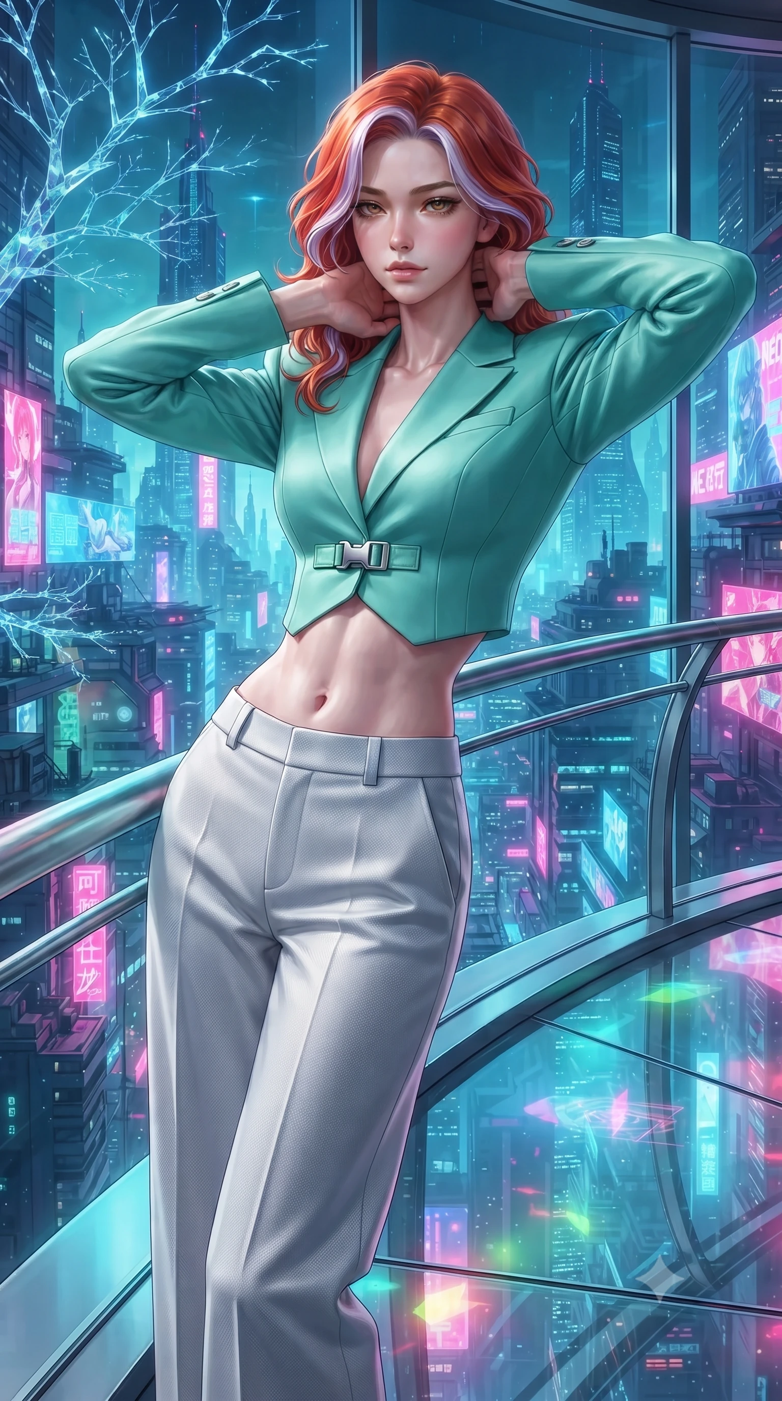 score_9, masterpiece, best quality, ultra-detailed, high-budget anime keyframe, editorial fashion photography, tasteful artistic composition, Caucasian woman. close-up cowboy shot from the waist and thighs up, the character dominates the composition, filling the frame with her large presence. resting both hands lightly behind her neck with elbows raised, arching her spine to highlight her narrow waist, flat midriff, and breathtaking collarbones while leaning against the curved panoramic titanium balustrade with hips cocked back, looking out over the neon-drenched spires of Neo-Tokyo with heavy-lidded smoldering bedroom-eyes. The surrounding environment is rendered in vivid detail and crisp panoramic clarity: sharp nano-glass floor reflections, intricate crystalline branch lattices, and streaming neon Kanji holographic billboards through panoramic glass in deep focus. She has an exceptionally elegant, slender, and willowy female figure with an ultra-slim waist, flat toned midriff, narrow ribcage, and sculpted feminine hips creating an alluring, slim hourglass silhouette without bulk. sharp v-shaped jawline, high-bridge nose, intricate jewel-like sparkling eyes with depth, thick eyelashes, glossy parted lips with a natural peach sheen, bright cheerful beaming smile with an enchanting and coquettish sensual glint, exuding both youthful cute charm and seductive allure, flawlessly proportioned anatomical accuracy, strict slender model proportions, natural body alignment, perfectly sculpted long slender limbs, ultra-slim waistline, clean dynamic posture without body distortion. wearing a bespoke Neo-Tokyo structured blazer with angular padded shoulders and wide-leg tailored tech-wool trousers in polar aurora jade and starlight platinum, woven from structured carbon-fiber jacquard with rich textural depth, finished with sleek magnetic buckle closures fluttering in the breeze, the bespoke structured tailoring following the natural line of her 8.5-heads silhouette with refined elegance. illuminated by floor pool reflection bounce and sharp laser-cyan rim lights sculpting her razor-sharp jawline, narrow waist, and curvy hips. ultra-reflective glossy finish, specular highlights, rich textural contrasts, high-contrast stereoscopic depth, volumetric dynamic lighting, 2k, ultra detail, master piece, 9:16 ratio