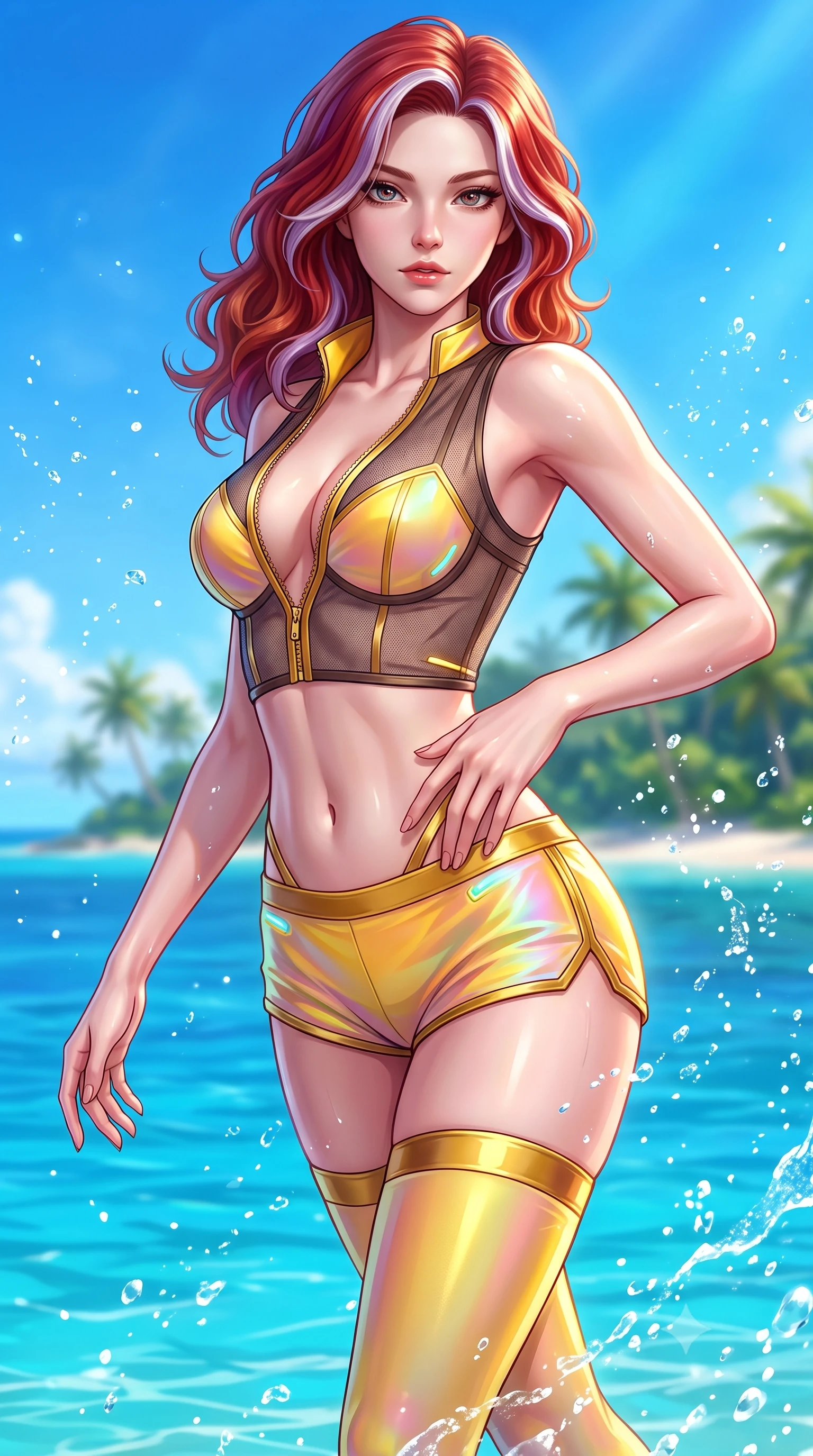 score_9, masterpiece, best quality, ultra-detailed, high-budget anime keyframe, semi-realistic 3D game render, editorial fashion photography, tasteful artistic composition, Caucasian woman. close-up cowboy shot from the waist and thighs up, the character dominates the composition, filling the frame with her large presence. twisting her upper body in a dynamic S-curve with an alluring smolder, one hand trailing along her slender waist while pivoting in mid-stride along the water edge as bright tropical sea spray sparkles in mid-air. The composition keeps background elements in soft focus with creamy bokeh. distant palm-lined islands and vibrant blue sky softened by shallow atmospheric focus. She has an exceptionally elegant, slender, and willowy female figure with an ultra-slim waist, a gracefully sculpted slender torso, toned flat midriff, and a refined slim silhouette. sharp v-shaped jawline, high-bridge nose, intricate jewel-like eyes with depth, thick eyelashes, glossy lips with a natural sheen, flawlessly proportioned anatomical accuracy, strict slender model proportions, natural body alignment, perfectly sculpted long slender limbs, ultra-slim waistline, clean dynamic posture without body distortion. wearing a delicate see-through dark mesh top with structured cup boning, paired with high-cut micro-shorts and thigh-high stockings in vibrant sunburst canary yellow and gold trim, made of smooth iridescent silk chiffon that shifts colors with movement, featuring a dangerously unzipped neckline framed by glowing cybernetic accents, the form-contouring material adhering flawlessly to her sculpted flat midriff and slender torso, emphasizing her long leg lines and perfectly proportioned willowy build. surrounded by a fresh, sun-soaked, and breathtakingly sensual tropical paradise ambiance. highly saturated vibrant anime colors, detailed shading with soft gradients, rich glossy textures, high-contrast stereoscopic depth, volumetric dynamic lighting, master piece, 9:16 ratio