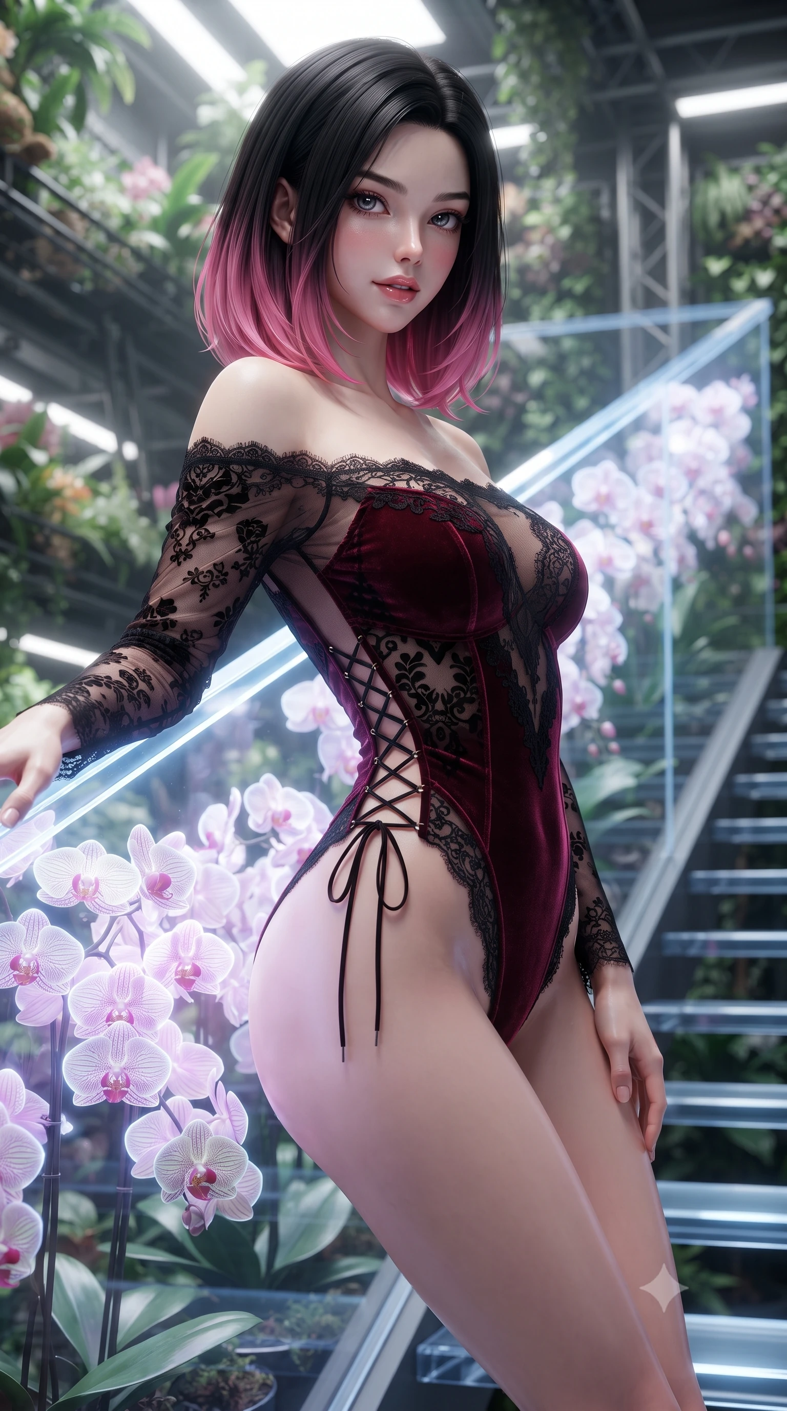 score_9, masterpiece, best quality, ultra-detailed, high-budget anime keyframe, editorial fashion photography, tasteful artistic composition, Korean woman. close-up cowboy shot from the waist and thighs up, the character dominates the composition, filling the frame with her large presence. tilting her head with a teasing half-smile, running one hand slowly down the side of her hip in a flirtatious S-curve as ambient light caresses her silhouette while leaning against the illuminated acrylic balustrade with hips cocked back, looking through glowing genetically-engineered orchids with a smoldering smile. The surrounding environment is rendered in vivid detail and crisp panoramic clarity: sharp glowing flower petal veins, clear acrylic catwalk tread edges, and carbon-fiber structural truss ribs in deep focus. She has an exceptionally elegant, slender, and willowy female figure with an ultra-slim waist, flat toned midriff, narrow ribcage, and sculpted feminine hips creating an alluring, slim hourglass silhouette without bulk. sharp v-shaped jawline, high-bridge nose, sparkling eyes with hypnotic seductive depth, thick curled eyelashes, glossy parted lips with a natural dewy peach sheen, alluring bedroom-eyes with an enchanting coquettish smile, exuding magnetic siren charisma and sophisticated glamour, flawlessly proportioned anatomical accuracy, strict slender model proportions, natural body alignment, perfectly sculpted long slender limbs, ultra-slim waistline, clean dynamic posture without body distortion. wearing an off-the-shoulder sheer-illusion mesh bodysuit with strategic velvet flocking and high-cut leg openings in deep bordeaux velvet and delicate black chantilly, made of sheer gossamer chiffon that drapes softly against skin with airy translucence, featuring fine criss-cross lace-up side ties revealing tantalizing glimpses of her hip curve, the precision-cut side openings and low-back scoop framing her graceful spine and the sensual sweep of her slim, toned hips. bathed in the ethereal glow of living bioluminescent plants mixed with soft greenhouse downlighting. ultra-reflective glossy finish, specular highlights, rich textural contrasts, high-contrast stereoscopic depth, volumetric dynamic lighting, 2k, ultra detail, master piece, 9:16 ratio