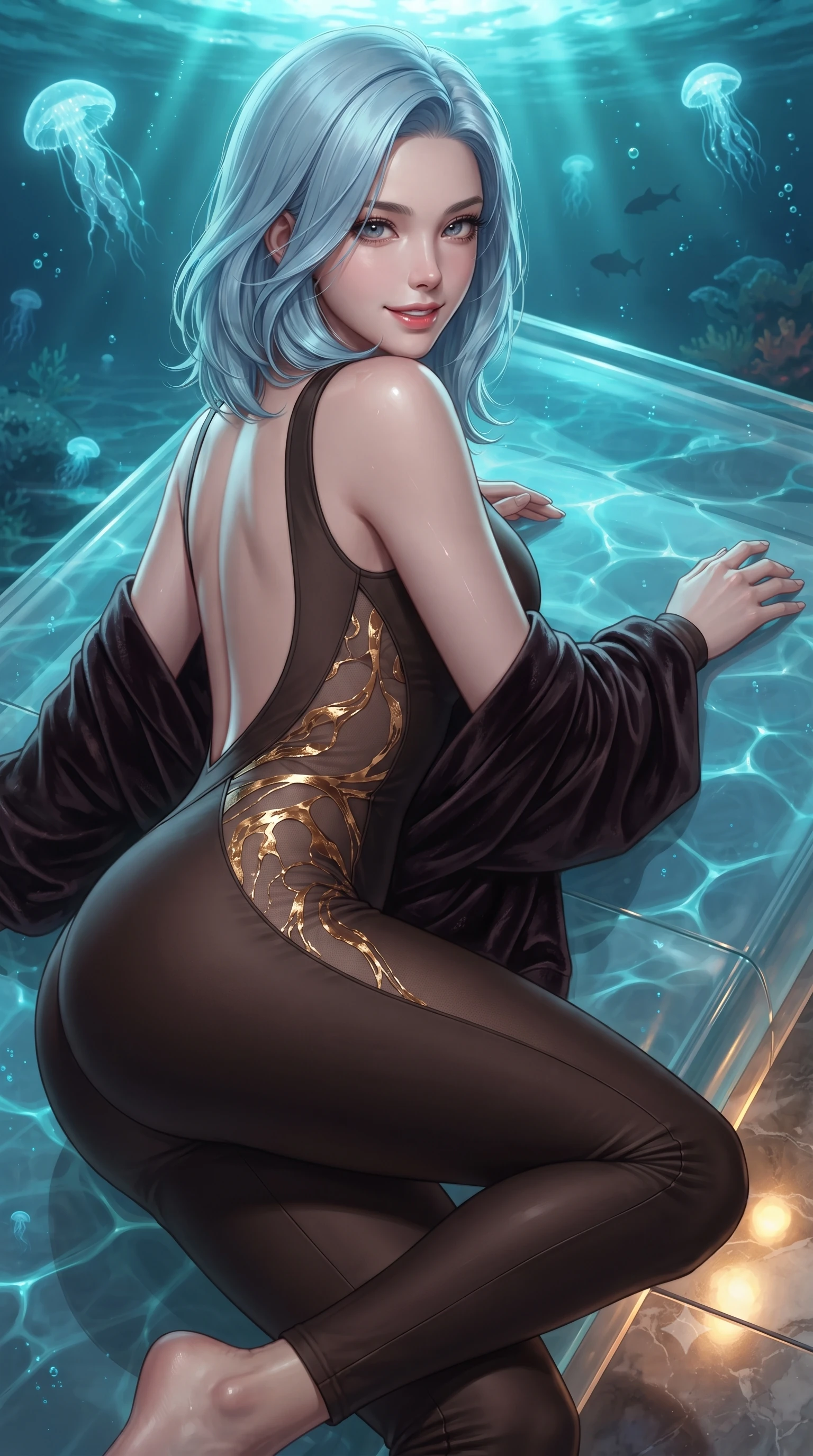 score_9, masterpiece, best quality, ultra-detailed, high-budget anime keyframe, editorial fashion photography, tasteful artistic composition, Korean woman. close-up cowboy shot from the waist and thighs up, the character dominates the composition, filling the frame with her large presence. turning over a bare shoulder with an intoxicating, teasing smile, her soft hair framing her sharp jawline as her hips angle gracefully while reclining languidly on a floating aquatic daybed with one knee bent, water ripples and bioluminescent jellyfish lights tracing her curvy hips. The surrounding environment is rendered in vivid detail and crisp panoramic clarity. sharp water surface tension caustics, sea life silhouette clarity, and polished marble floor seams in deep focus. She has an exceptionally elegant, slender, and willowy female figure with an ultra-slim waist, flat toned midriff, narrow ribcage, and sculpted feminine hips creating an alluring, slim hourglass silhouette without bulk. sharp v-shaped jawline, high-bridge nose, intricate jewel-like eyes with depth, thick eyelashes, glossy parted lips with a natural sheen, intensely captivating and seductive bedroom-eyes expression, flawlessly proportioned anatomical accuracy, strict slender model proportions, natural body alignment, perfectly sculpted long slender limbs, ultra-slim waistline, clean dynamic posture without body distortion. wearing a second-skin compression catsuit with an open back and sheer mesh side waist contouring in dark espresso brown and molten gold foil, tailored from liquid silk jersey adhering flawlessly to her slender build, complemented by a plush velvet shawl draped loosely over her elbows, the glove-like aerodynamic silhouette tightly following the natural contour of her hips and long slender legs with statuesque 8.5-heads elegance. bathed in cool aquatic turquoise bioluminescent downlights and warm floor-level amber uplights. ultra-reflective glossy finish, specular highlights, rich textural contrasts, high-contrast stereoscopic depth, volumetric dynamic lighting, 2k, ultra detail, master piece, 9:16 ratio