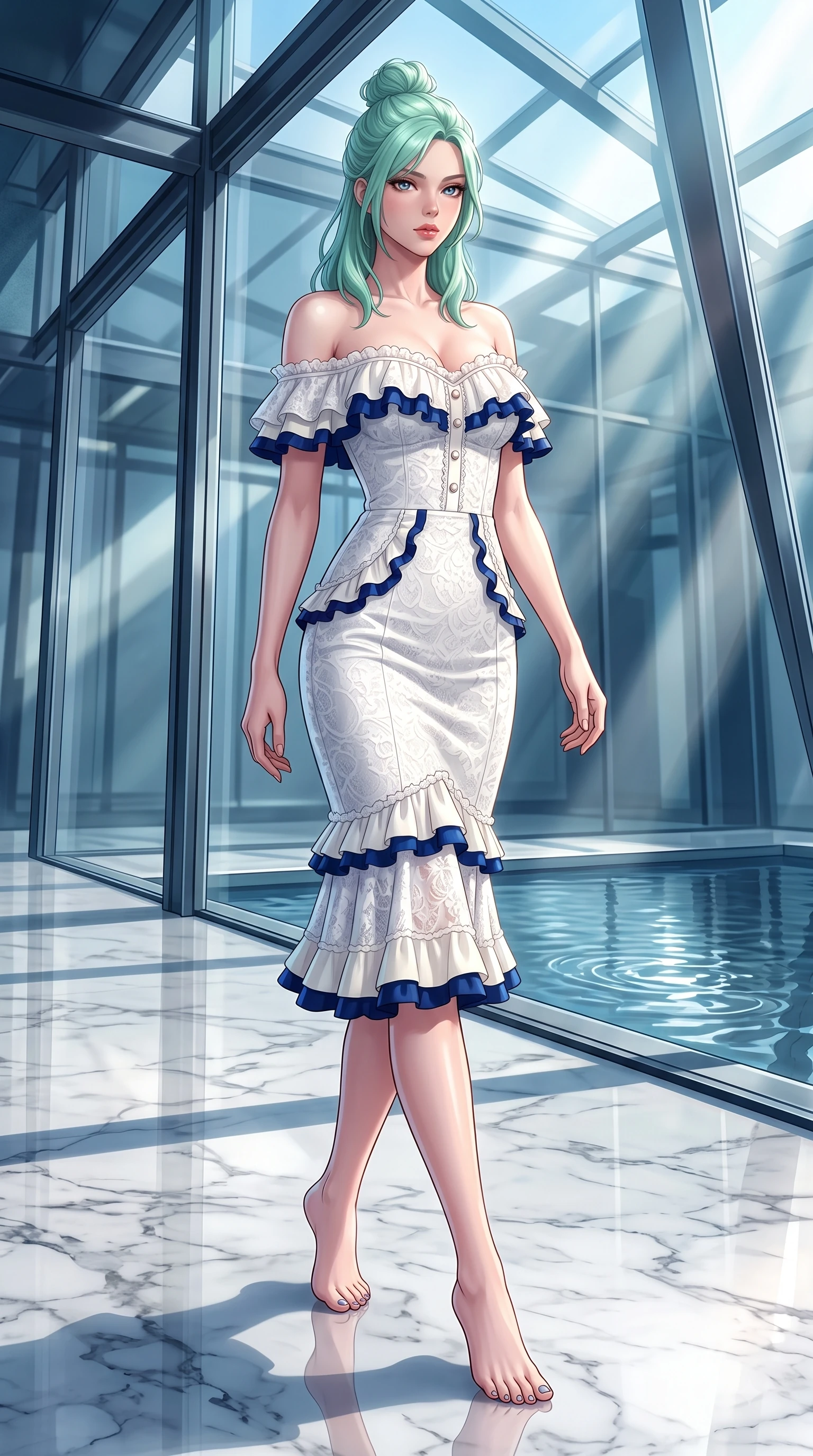 score_9, masterpiece, best quality, ultra-detailed, high-budget anime keyframe, editorial fashion photography, tasteful artistic composition, Japanese woman. low angle full-body shot from head to toe showing her feet, filling the entire 9:16 vertical frame with her statuesque presence, stretching her vertical silhouette. Seductively magnetic look casting a fiery side-gaze with full glossy lips and smoldering glamour while walking poised across a polished marble floor inside a sleek glass pavilion. The surrounding environment is rendered in vivid detail and crisp panoramic clarity. dramatic architectural light beams, reflecting pool ripples, and sharp structural framing in high clarity. She has an absolutely perfect, statuesque 8.5-heads proportion, an exceptionally tall and slender model-like female figure with impossibly long slender legs and an ultra-slim waist. sharp v-shaped jawline, high-bridge nose, intricate jewel-like eyes with depth, thick eyelashes, glossy lips with a natural sheen, flawlessly proportioned anatomical accuracy, natural body alignment, perfectly sculpted elegant limbs, clean dynamic posture without body distortion. wearing a chic white lace off-shoulder midi dress decorated with delicate ruffle trims in royal navy blue and pure ivory, crafted from smooth liquid silk satin, accented with delicate pearl buttons and refined ruffle trims, the tailored fit highlighting her statuesque and model-like silhouette. illuminated by polished specular highlights and cool futuristic rim lighting. highly saturated vibrant anime colors, detailed shading with soft gradients, rich glossy textures, high-contrast stereoscopic depth, volumetric dynamic lighting, master piece, 9:16 ratio