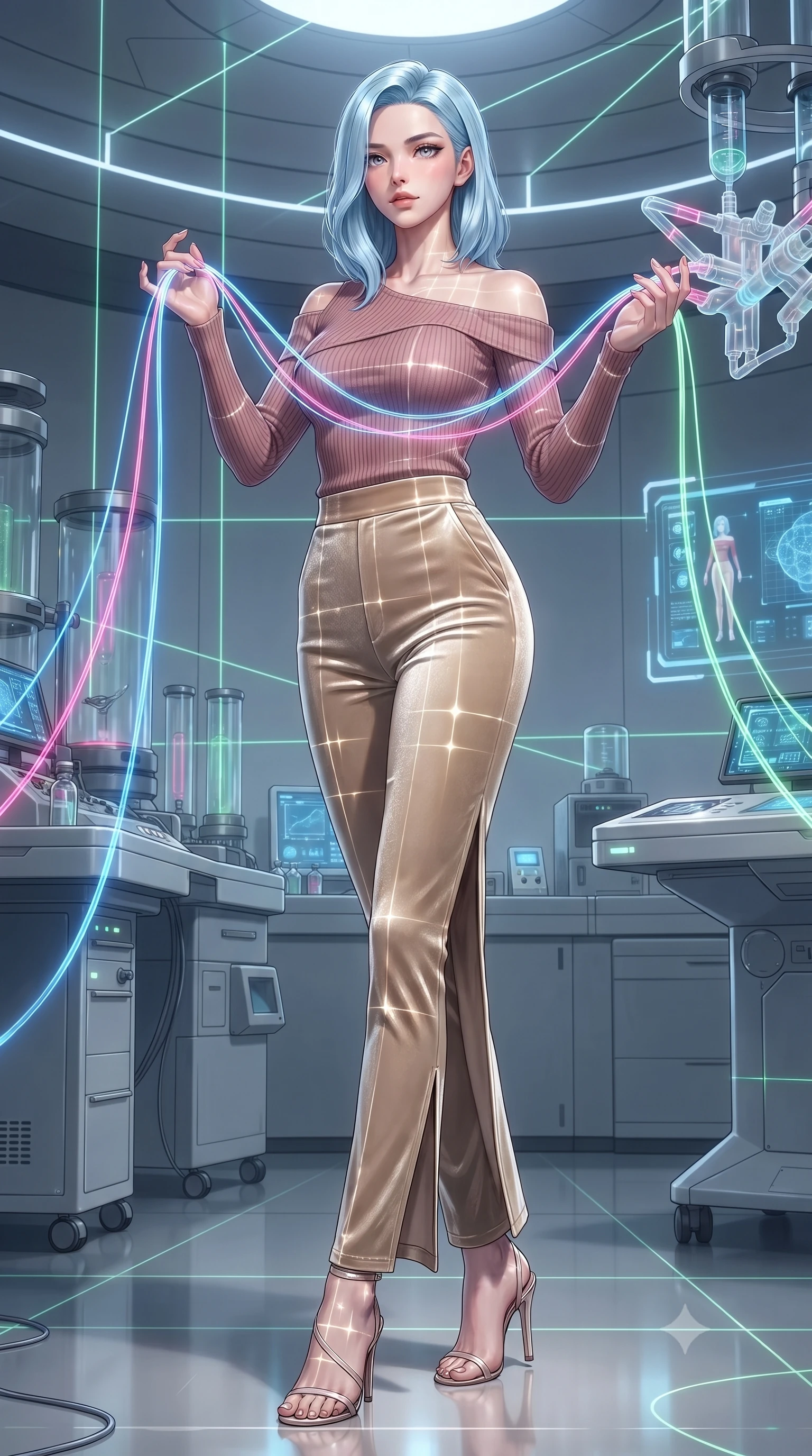score_9, masterpiece, best quality, ultra-detailed, high-budget anime keyframe, editorial fashion photography, tasteful artistic composition, Korean woman. low angle full-body shot from head to toe showing her feet, filling the entire 9:16 vertical frame with her statuesque presence, stretching her vertical silhouette. navigating the luminous space with effortless poise, displaying her perfect model proportions threading neon fiber-optic ribbons in a futuristic laboratory room, laser lines casting precise geometric grid highlights on her athletic form. She has an absolutely perfect, statuesque 8.5-heads proportion, an exceptionally tall and slender model-like female figure with impossibly long slender legs and an ultra-slim waist. sharp v-shaped jawline, high-bridge nose, intricate jewel-like eyes with depth, thick eyelashes, glossy lips with a natural sheen. wearing a sleek off-shoulder ribbed knit top paired with high-waist tailored pants in dusty rose and champagne gold, made of premium stretch velvet with a rich sheen, finished with a sleek side slit ascending to mid-thigh, the tailored fabric tightly following every curve of her athletic build. surrounded by a crisp high-tech illumination highlighting every sleek curve. ultra-reflective glossy finish, specular highlights, metallic sheen, high-contrast stereoscopic depth, volumetric dynamic lighting, 2k, ultra detail, master piece, 9:16 ratio