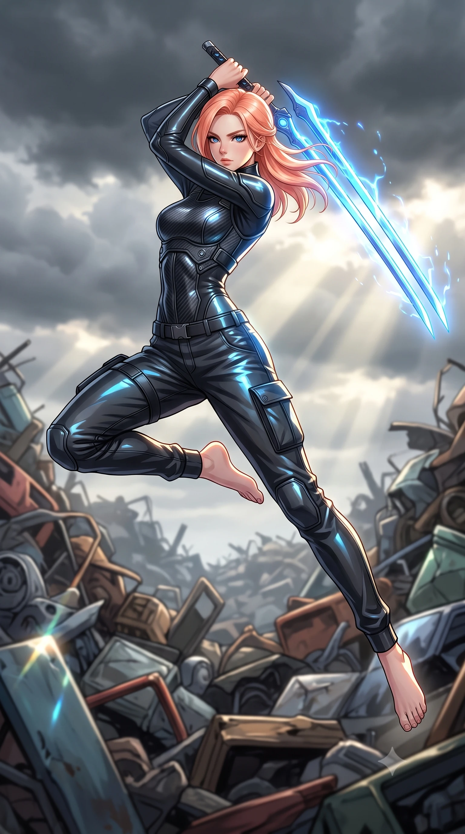 score_9, masterpiece, best quality, ultra-detailed, high-budget anime keyframe, editorial fashion photography, tasteful artistic composition, Japanese woman. low angle full-body shot from head to toe showing her feet, filling the entire 9:16 vertical frame with her statuesque presence, stretching her vertical silhouette. leaping forward while slashing with a twin-bladed plasma sword in mid-air, her body-contouring suit showing her athletic silhouette, the background shows a soft-focus a scrap yard salvage heap under a low sky filled with heavy grey storm clouds. She has an absolutely perfect, statuesque 8.5-heads proportion, an exceptionally tall and slender model-like female figure with impossibly long slender legs and an ultra-slim waist. sharp v-shaped jawline, high-bridge nose, intricate jewel-like eyes with depth, thick eyelashes, glossy lips with a natural sheen. wearing a body-hugging tailored high-collar carbon-plated tactical vest worn over a high-neck protective utility undershirt and reinforced cargo pants. bright morning sun rays slicing through cloud gaps, creating sharp reflections. highly saturated vibrant anime colors, detailed shading with soft gradients, rich glossy textures, high-contrast stereoscopic depth, volumetric dynamic lighting, master piece, 9:16 ratio