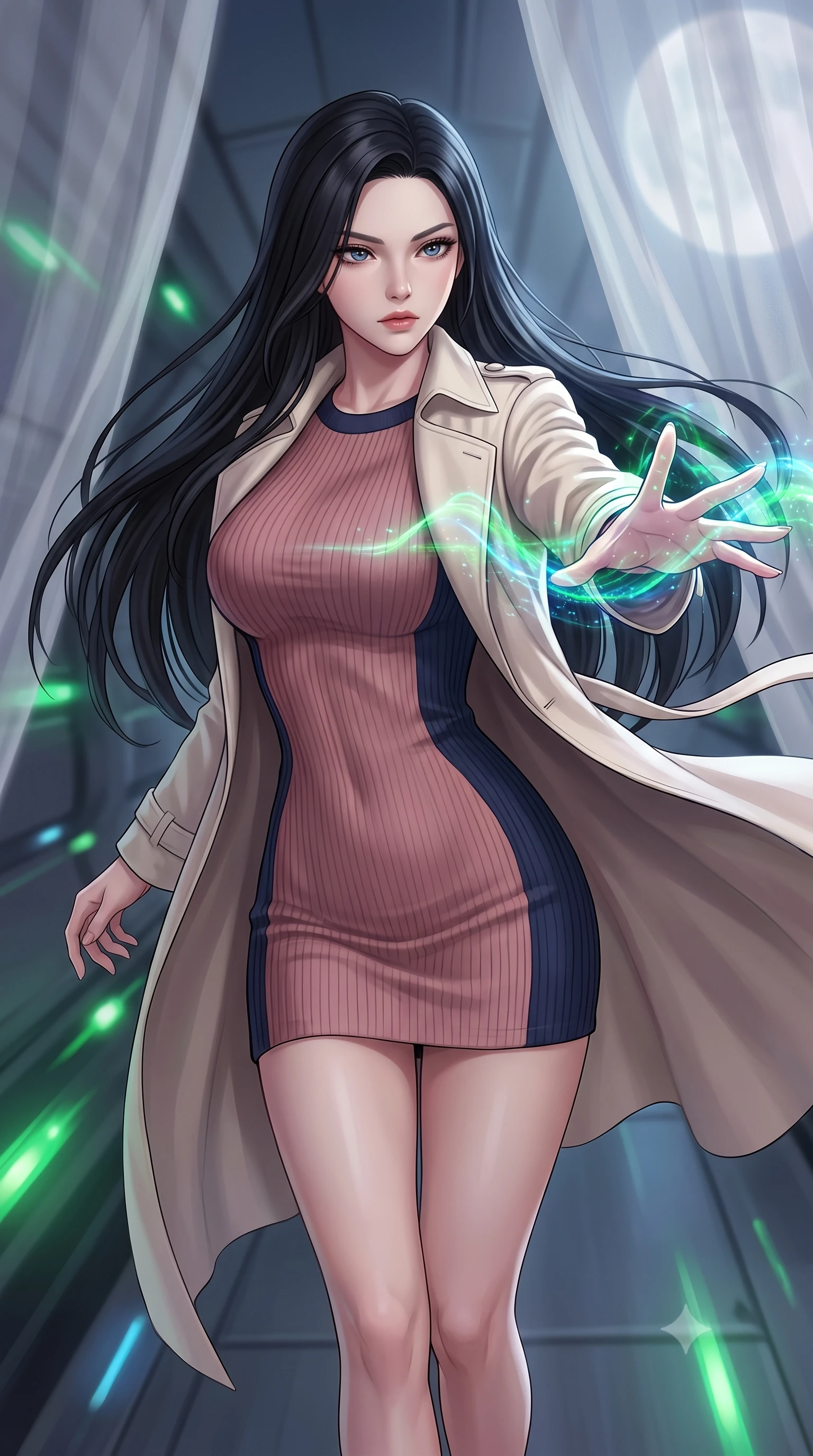 score_9, masterpiece, best quality, ultra-detailed, high-budget anime keyframe, editorial fashion photography, tasteful artistic composition, Korean woman. close-up cowboy shot from the waist and thighs up, the character dominates the composition, filling the frame with her large presence, background elements kept in soft focus. Casting a digital tracking wave with an outstretched hand, her gaze locked on the escaping target. set against a soft-focus background of inside a narrow electromagnetic launch tube, green navigation lights flashing past in a blur as the ship launches. She has an exceptionally elegant and slender, willowy female figure with an ultra-slim waist, a gracefully sculpted slender torso, and a refined slim physique. sharp v-shaped jawline, high-bridge nose, intricate jewel-like eyes with depth, thick eyelashes, glossy lips with a natural sheen. wearing the lightweight fabric rippling and billowing dramatically with her movement, a slim-fit body-con mini dress in a two-tone ribbed knit of dusty rose and navy, paired with a light cream trench coat. highly saturated vibrant anime colors, intense vivid color palette, soft 3D volumetric shading, volumetric dynamic lighting, cold silver moonlight filtered through translucent gossamer curtains casting delicate shadows. 2k, ultra detail, master piece, 9:16 ratio