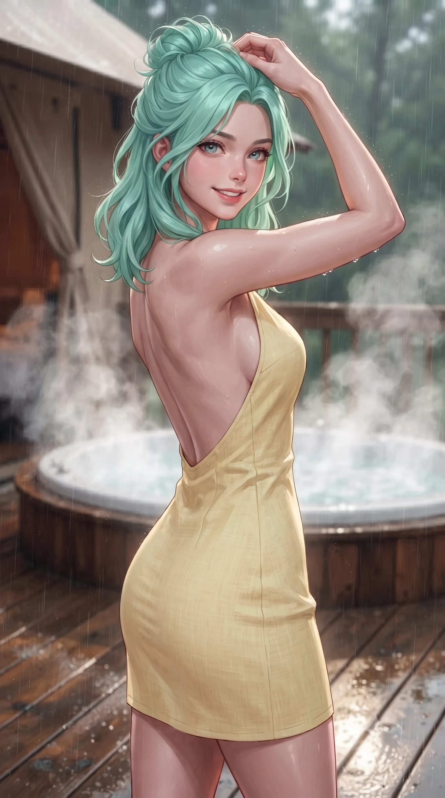 score_9, masterpiece, best quality, ultra-detailed, high-budget anime keyframe, editorial fashion photography, tasteful artistic composition, Japanese woman. close-up cowboy shot from the waist and thighs up, the character dominates the composition, filling the frame with her large presence, background elements kept in soft focus. smiling with quiet, magnetic self-assurance directly into the camera, running a hand through her hair the background shows a soft-focus a glamping tent balcony during a light rain, with steam rising from a hot tub. She has an exceptionally elegant, slender, and willowy female figure with an ultra-slim waist, a gracefully sculpted slender torso, and a refined silhouette. sharp v-shaped jawline, high-bridge nose, intricate jewel-like eyes with depth, thick eyelashes, glossy lips with a natural sheen. wearing a slim-fit backless summer sundress in pale yellow linen, showing her elegant shoulder blades. shifting light reflections from the wet wood deck and steam onto her form. ultra-reflective glossy finish, specular highlights, metallic sheen, high-contrast stereoscopic depth, volumetric dynamic lighting, 2k, ultra detail, master piece, 9:16 ratio