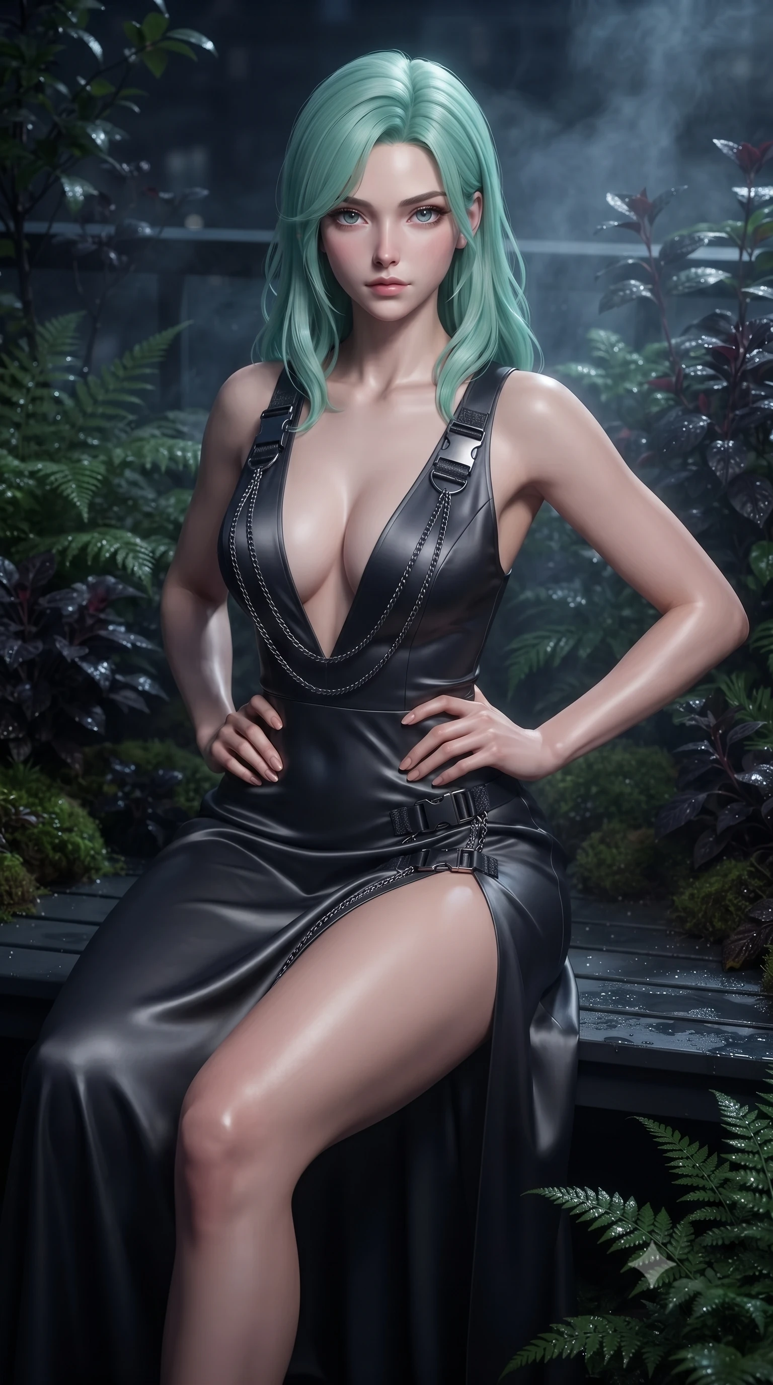score_9, masterpiece, best quality, ultra-detailed, high-budget anime keyframe, editorial fashion photography, tasteful artistic composition, Japanese woman. close-up cowboy shot from the waist and thighs up, the character dominates the composition, filling the frame with her large presence, background elements kept in soft focus. Holding a confident power pose with one hand on her hip, resting on a dark slate garden bench surrounded by wet dark flora, cool night mist drifting gently across the dark rooftop terrace. She has an exceptionally elegant, slender, and willowy female figure with an ultra-slim waist, a gracefully sculpted slender torso, and a refined silhouette. sharp v-shaped jawline, high-bridge nose, intricate jewel-like eyes with depth, thick eyelashes, glossy lips with a natural sheen. wearing deep plunging V-neckline midnight gown with daring high thigh slit in dark charcoal gray, made of soft dark satin, framed by dark titanium buckles and silver chain details, sculpting her athletic slender build with refined precision. lit by soft nocturnal key light contrasting with deep shadowy garden greenery. ultra-reflective glossy finish, specular highlights, metallic sheen, high-contrast stereoscopic depth, volumetric dynamic lighting, 2k, ultra detail, master piece, 9:16 ratio