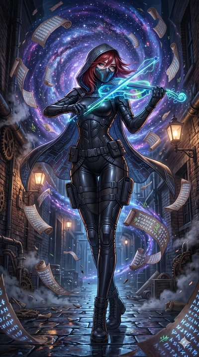 score_9, masterpiece, best quality, ultra-detailed, Set A: High-budget Anime Keyframe, Japanese woman. Low angle cowboy shot filling the entire 9:16 frame with her statuesque presence. Theme: Primal Nature. playing a holographic violin in a steampunk