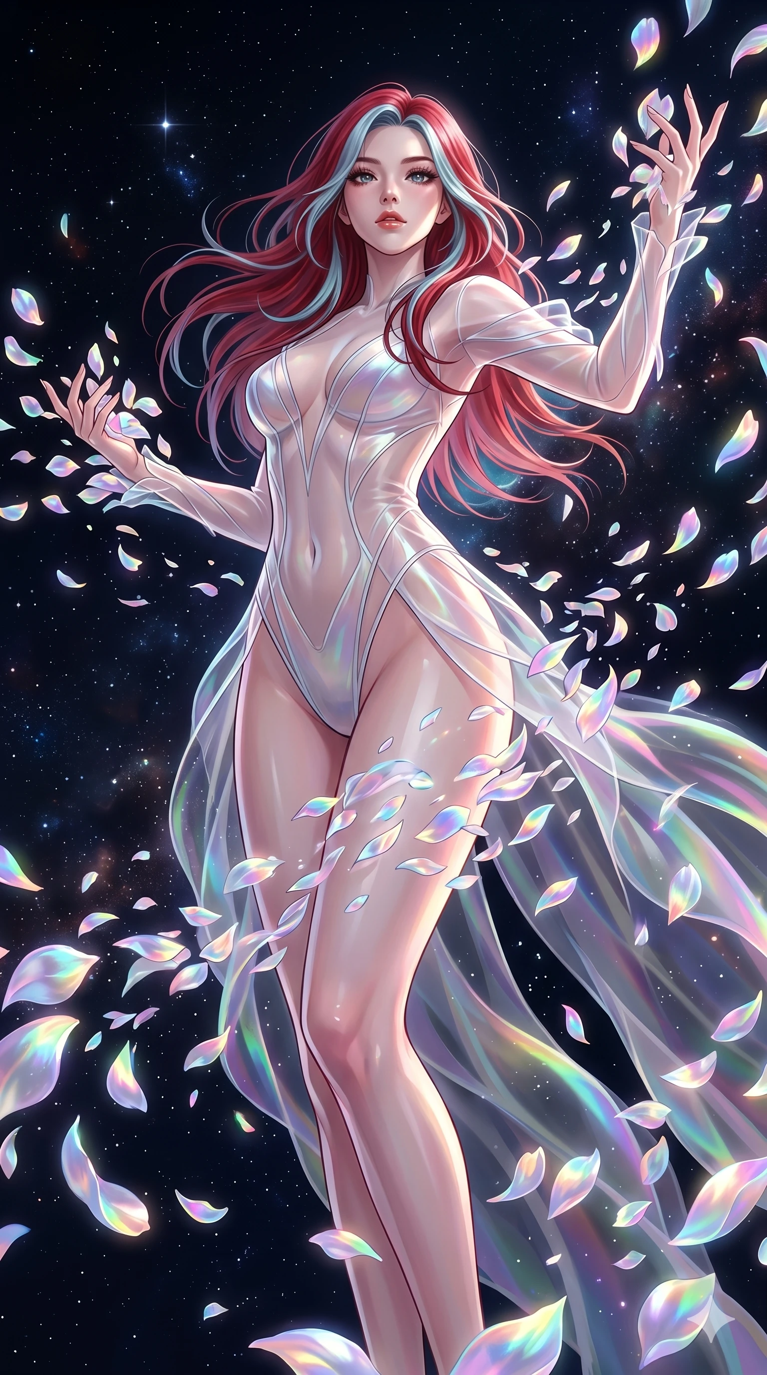 score_9, masterpiece, best quality, ultra-detailed, High-budget Anime Keyframe, East Asian woman. Low angle cowboy shot filling the entire 9:16 frame with her statuesque presence. Scenario 41: Dissolving into a cloud of iridescent silk petals in a void. Her presence is magnetic and overpowering in this high-budget anime scene. Outfit 41: A sheer organza dangerous with a high-cut leg line and tight-fitting silhouette. The clothing is designed to emphasize her exceptionally tall and slender 8-heads proportion. 8-heads proportion, towering silhouette, ultra-slim waist. sharp v-shaped jawline, intricate jewel-like eyes with depth, thick eyelashes, glossy lips. 2k, ultra detail, master piece, 9:16 ratio