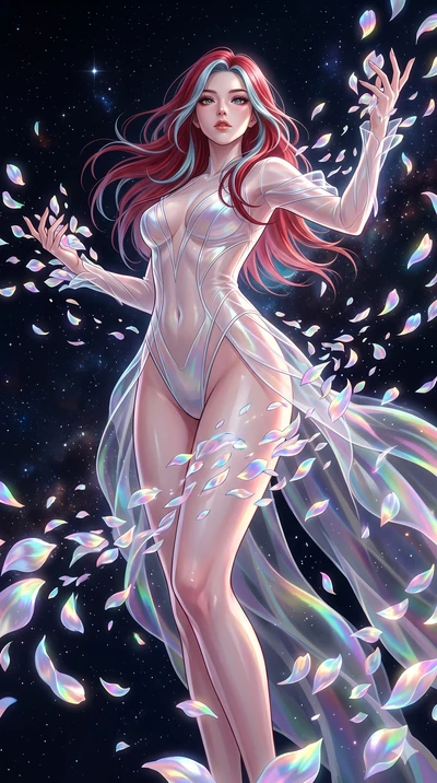 score_9, masterpiece, best quality, ultra-detailed, High-budget Anime Keyframe, East Asian woman. Low angle cowboy shot filling the entire 9:16 frame with her statuesque presence. Scenario 41: Dissolving into a cloud of iridescent silk petals in a vo