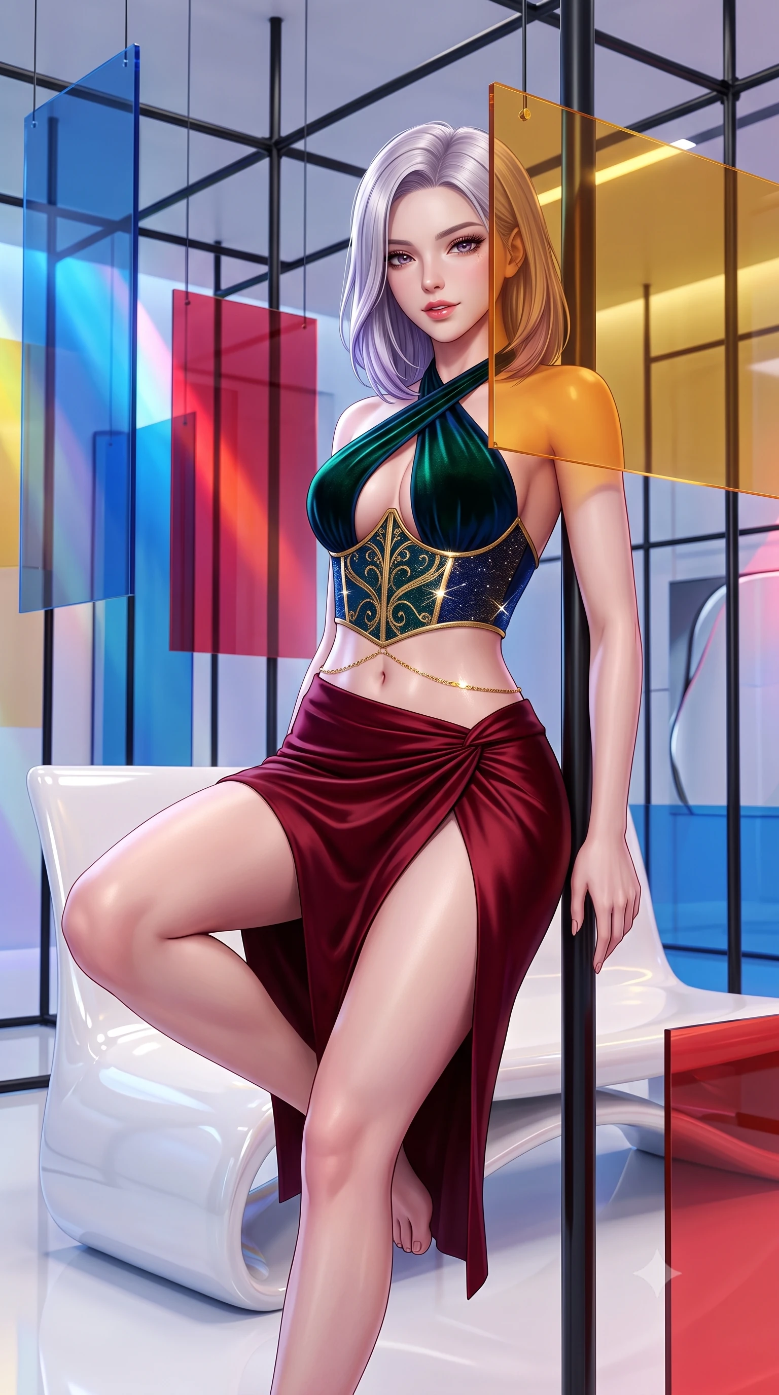 score_9, masterpiece, best quality, ultra-detailed, high-budget anime keyframe, semi-realistic 3D game render, editorial fashion photography, tasteful artistic composition, Caucasian woman. close-up cowboy shot from the waist and thighs up, the character dominates the composition, filling the frame with her large presence. perched sideways on the lounge seat, one knee drawn up to showcase her slender leg line while her arched back accentuates her feminine hip curve while leaning against a black steel floor-to-ceiling grid pole with hips cocked back, looking through amber acrylic with bedroom-eyes. The surrounding environment is rendered in vivid detail and crisp panoramic clarity: sharp translucent acrylic sheet edges, black powder-coated steel joints, and polished white resin floor sheen in deep focus. She has an exceptionally elegant, slender, and willowy female figure with an ultra-slim waist, flat toned midriff, narrow ribcage, and sculpted feminine hips creating an alluring, slim hourglass silhouette without bulk. sharp v-shaped jawline, high-bridge nose, sparkling eyes with hypnotic seductive depth, thick curled eyelashes, glossy parted lips with a natural dewy peach sheen, alluring bedroom-eyes with an enchanting coquettish smile, exuding magnetic siren charisma and sophisticated glamour, flawlessly proportioned anatomical accuracy, strict slender model proportions, natural body alignment, perfectly sculpted long slender limbs, ultra-slim waistline, clean dynamic posture without body distortion. wearing a high-waisted dark crimson satin wrap sarong skirt with hip-high slit paired with a plunging criss-cross halter corset in deep emerald velvet and dark sapphire with gold filigree, woven from stretch metallic lurex jersey casting radiant starlight glints across her silhouette, accented with a dainty gold belly chain resting across her flat midriff and curving hips, the form-contouring silhouette accentuating her sculpted flat midriff, narrow delicate ribcage, and gracefully curvy hips with intoxicating allure. bathed in shifting primary-color light beams transmitted through suspended translucent acrylic panels. highly saturated vibrant anime colors, detailed shading with soft gradients, rich glossy textures, high-contrast stereoscopic depth, volumetric dynamic lighting, master piece, 9:16 ratio