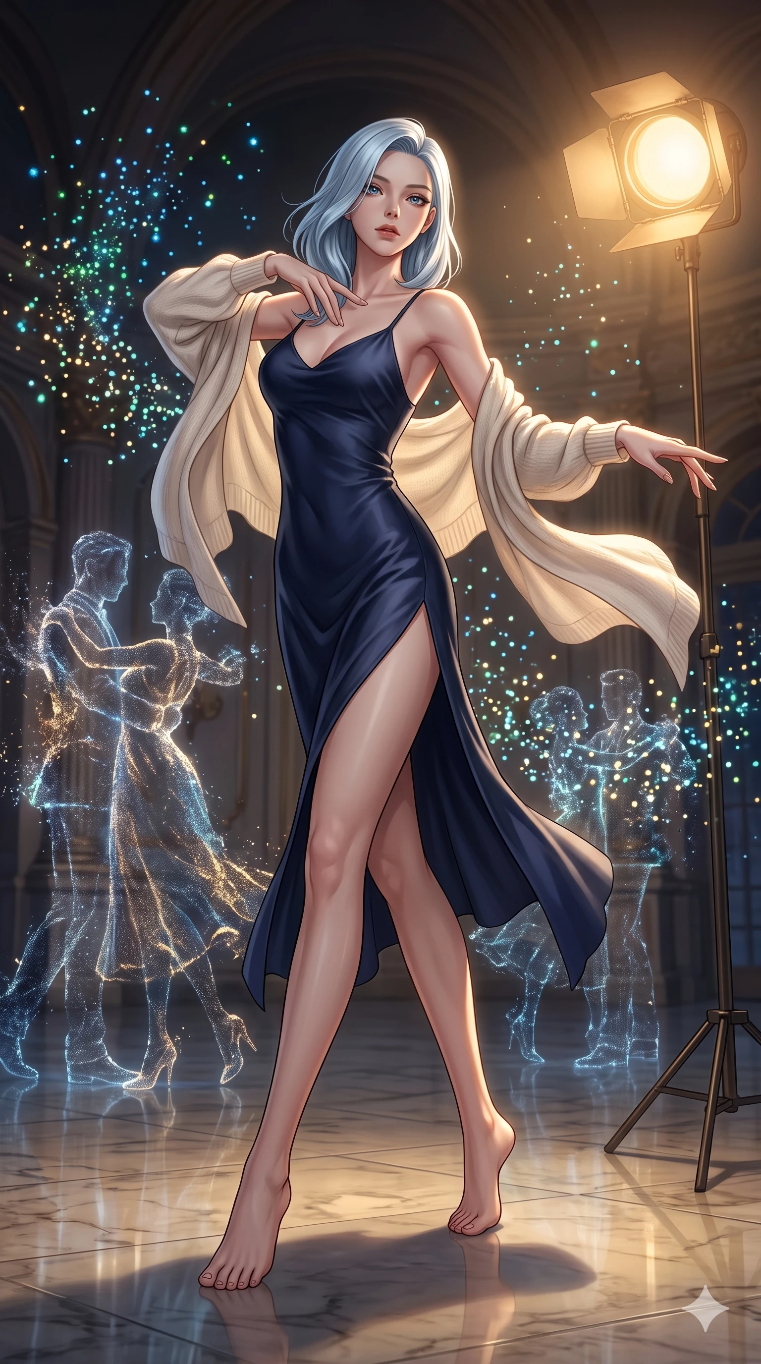 score_9, masterpiece, best quality, ultra-detailed, high-budget anime keyframe, editorial fashion photography, tasteful artistic composition, Korean woman. low angle full-body shot from head to toe showing her feet, filling the entire 9:16 vertical frame with her statuesque presence, stretching her vertical silhouette. dancing with weightless grace through a grand ballroom where quantum particles appear and disappear in probability clouds ghostly translucent waltz partners materializing and dissolving with each observation wave functions collapsing into brief moments of beauty. She has a statuesque 8.5-heads proportion, an exceptionally tall, slender and willowy model-like build with impossibly long legs and a highly sculpted ultra-slim waist. sharp v-shaped jawline, high-bridge nose, intricate jewel-like eyes with depth, thick eyelashes, glossy lips with a natural sheen. wearing a deep navy silk slip midi dress featuring a tasteful side thigh slit, layered with a soft cream knit shawl. dramatic chiaroscuro with a single golden key light sculpting her silhouette. 2k, ultra detail, master piece, 9:16 ratio