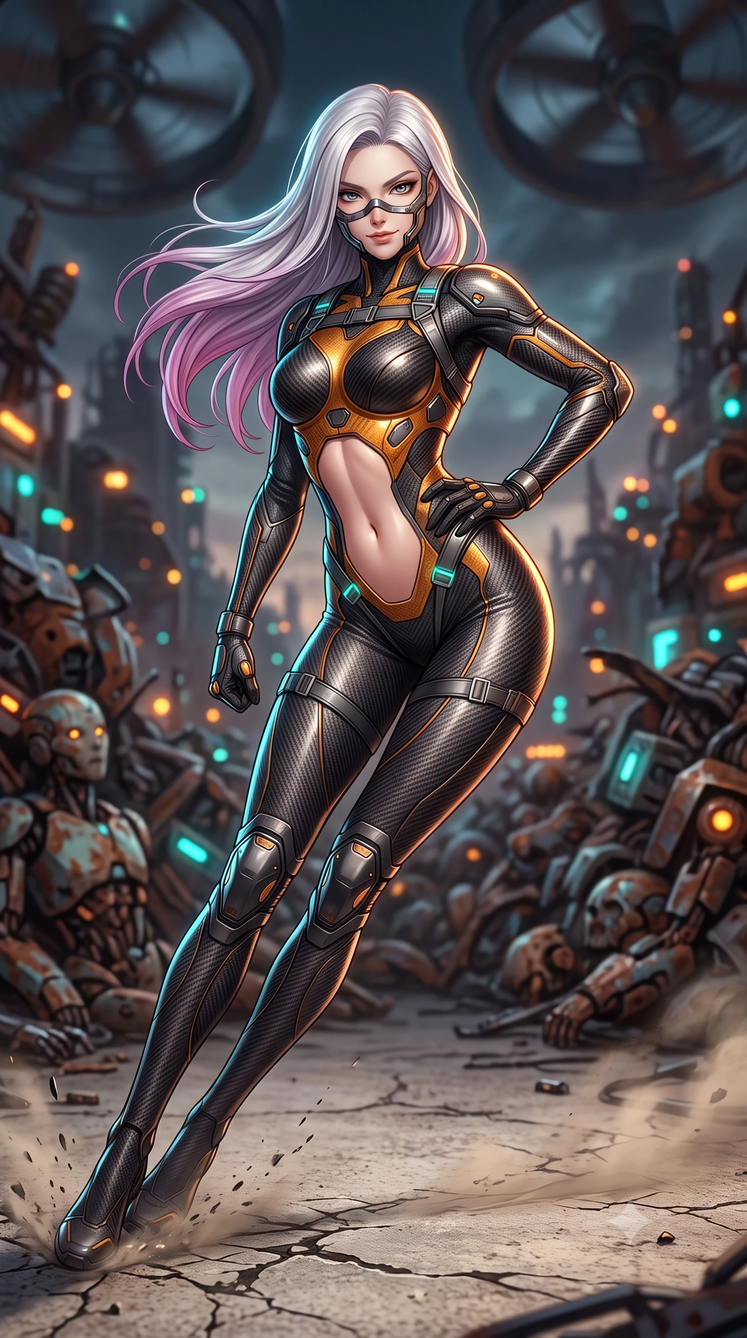 score_9, masterpiece, best quality, ultra-detailed, high-budget anime keyframe, semi-realistic 3D game render, editorial fashion photography, tasteful artistic composition, Caucasian woman. low angle full-body shot from head to toe showing her feet, filling the entire 9:16 vertical frame with her statuesque presence, stretching her vertical silhouette. pivoting dynamically in a high-speed low sweep kick along the cracked concrete, her athletic torso and ultra-slim waist twisting in a fluid arc of power while resting one hand on her hip with a haughty, captivating battle smirk as giant exhaust turbines turn slowly overhead. The composition keeps background elements in soft focus with creamy bokeh. mountains of rusted android parts and blinking indicator lights blurred into rich amber, turquoise, and rust bokeh. She has an absolutely perfect, statuesque 8.5-heads proportion, an exceptionally tall and slender model-like female figure with impossibly long slender legs, a toned flat midriff, and an ultra-slim waist. sharp v-shaped jawline, high-bridge nose, intricate jewel-like eyes with depth, thick eyelashes, glossy lips with a natural sheen, fierce and resolute heroine expression, flawlessly proportioned anatomical accuracy, strict slender model proportions, natural body alignment, perfectly sculpted long slender limbs, ultra-slim waistline, clean dynamic posture without body distortion. wearing a sleek titanium half-face combat rebreather guard protecting her lower jaw while leaving her expressive eyes and long hair flowing freely, paired with a form-contouring high-mobility battle-suit featuring sculpted carbon chest plating, diagonal midriff ventilation cutouts, and kinetic knee vambraces in molten amber-gold carbon cuirass with dark gunmetal weave, crafted from ultra-strong woven carbon-fiber composite with battle-tested satin luster, reinforced by a heavy-duty titanium tactical harness and glowing micro-energy status straps, the liquid-tight tailored fabric emphasizing every curve of her tall, slender model proportions and sculptured silhouette during dynamic movement. illuminated by crisp specular highlights tracing her sculpted flat midriff, bare spine, and slender limbs. rich saturated anime colors with glowing neon highlights, detailed shading with soft gradients, rich glossy textures, high-contrast stereoscopic depth, volumetric dynamic lighting, master piece, 9:16 ratio