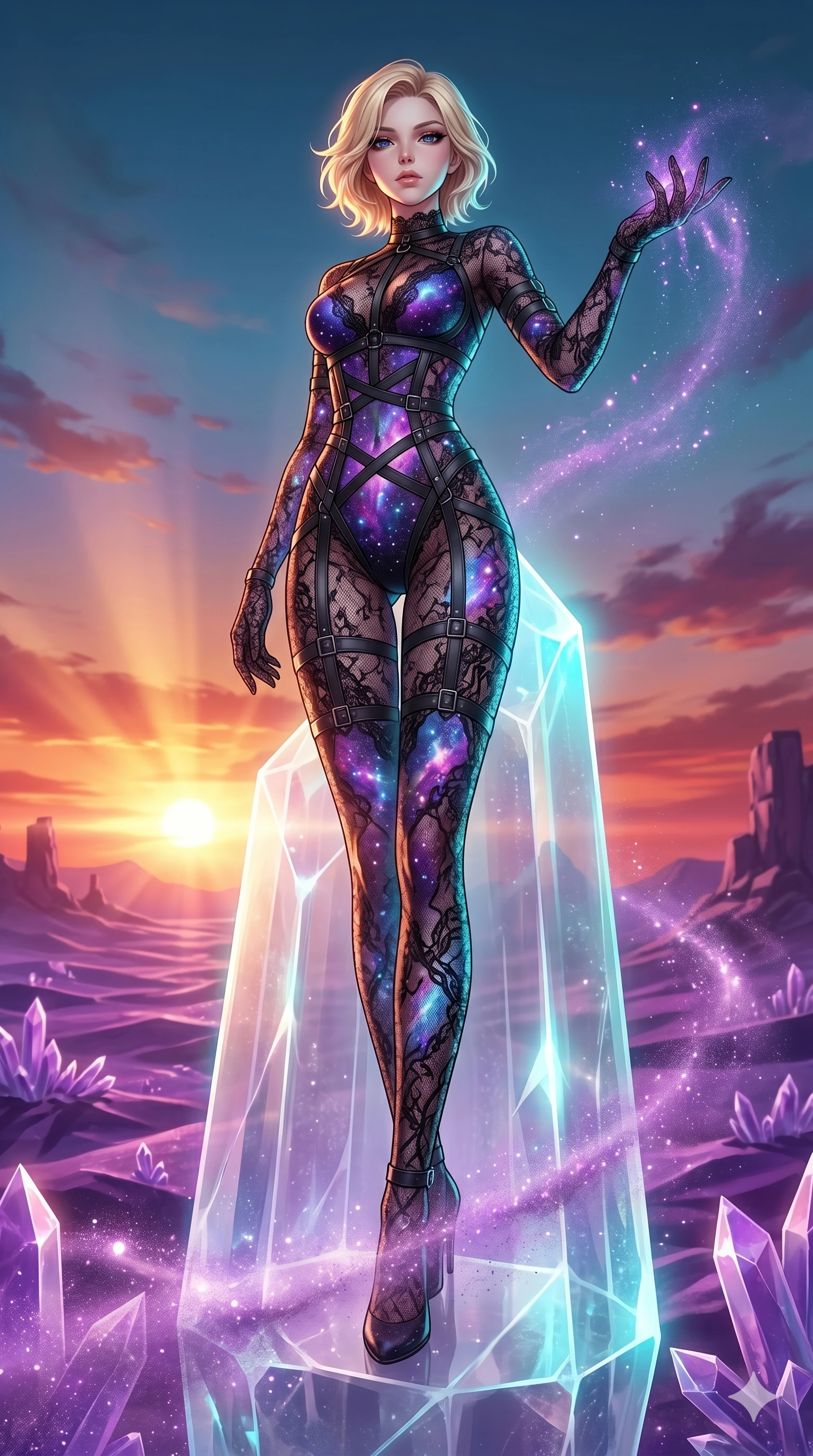 score_9, masterpiece, best quality, ultra-detailed, high-budget anime keyframe, Japanese woman. low angle full-body shot filling the entire 9:16 frame with her statuesque presence, stretching the vertical silhouette. standing atop a transparent salt crystal tower in a purple crystalline desert as winds blow shimmering purple dust under a crimson sunset. She has an absolutely perfect 8-heads proportion, an exceptionally tall and slender female figure with impossibly long slender legs and an ultra-slim waist. V-shaped jawline, high-bridge nose, intricate jewel-like eyes with depth, thick eyelashes, glossy lips with a natural sheen.. wearing a gothic nebula lace bodysuit, featuring a sheer black lace bodysuit with cosmic nebula patterns, reinforced by matte leather straps. showcasing a beautiful play of light and shadow, with warm golden rays clashing against cool cyan highlights. 2k, ultra detail, master piece, 9:16 ratio