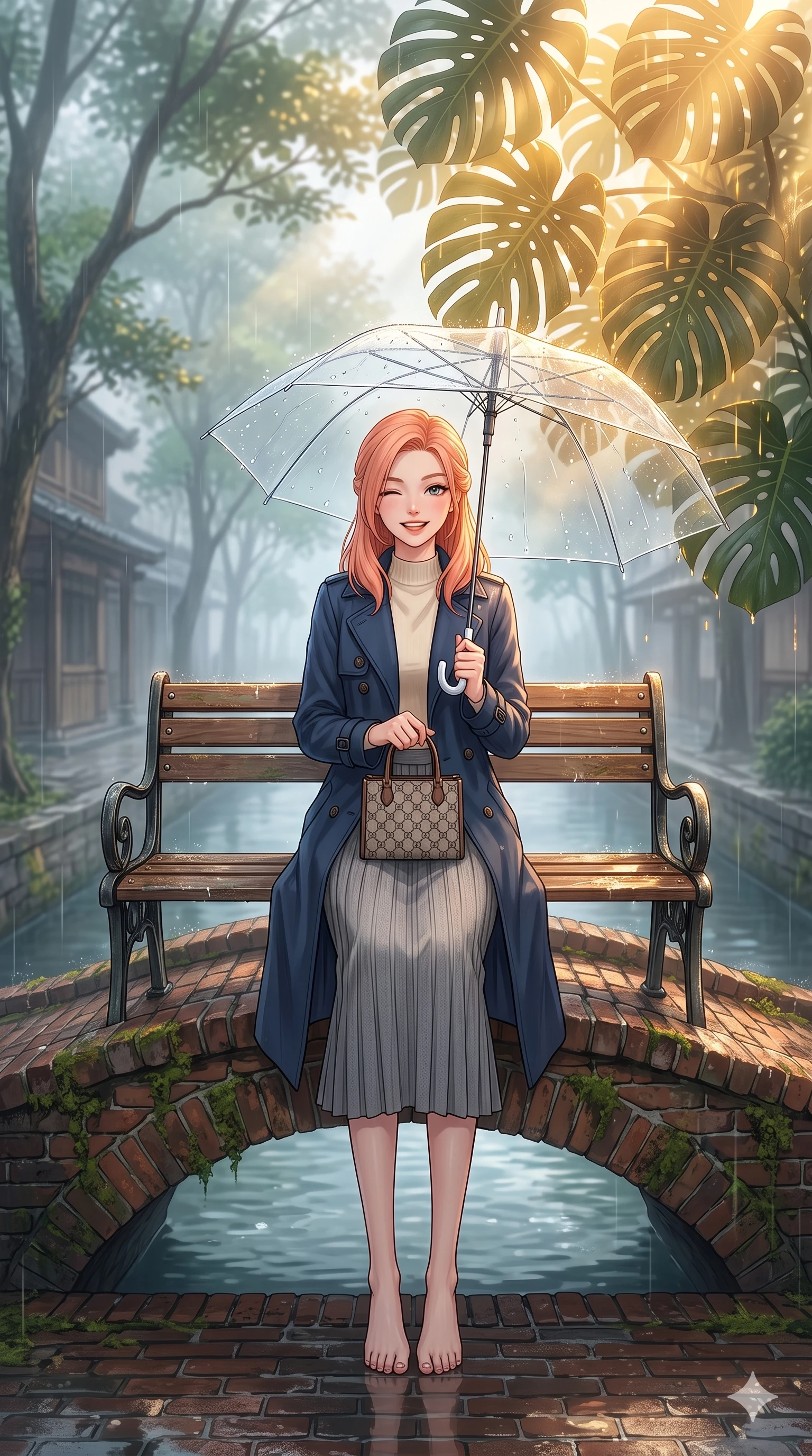 score_9, masterpiece, best quality, ultra-detailed, high-budget anime keyframe, vibrant anime aesthetic, Japanese woman. low angle full-body shot from head to toe showing her feet, filling the entire 9:16 vertical frame with her statuesque presence, stretching her vertical silhouette. She is sitting on a vintage bench, winking with a playful and bright expression, her eyes shining with genuine joy surrounded by fresh morning mist. standing on a vintage brick arch bridge over a quiet canal, under a clear umbrella during a soft drizzle (Code-P22-040). She has an absolutely perfect 8-heads proportion, an exceptionally tall and slender female figure with impossibly long slender legs and an ultra-slim waist. V-shaped jawline, high-bridge nose, intricate jewel-like eyes with depth, thick eyelashes, glossy lips with a natural sheen. wearing a classic double-breasted coat over a mock-neck top and a long knit skirt with a designer bag. She is drenched in warm, golden afternoon sunbeams filtering through dense green monstera leaves, creating a cinematic, high-budget anime lighting effect during a refreshing sun shower. 2k, ultra detail, master piece, 9:16 ratio