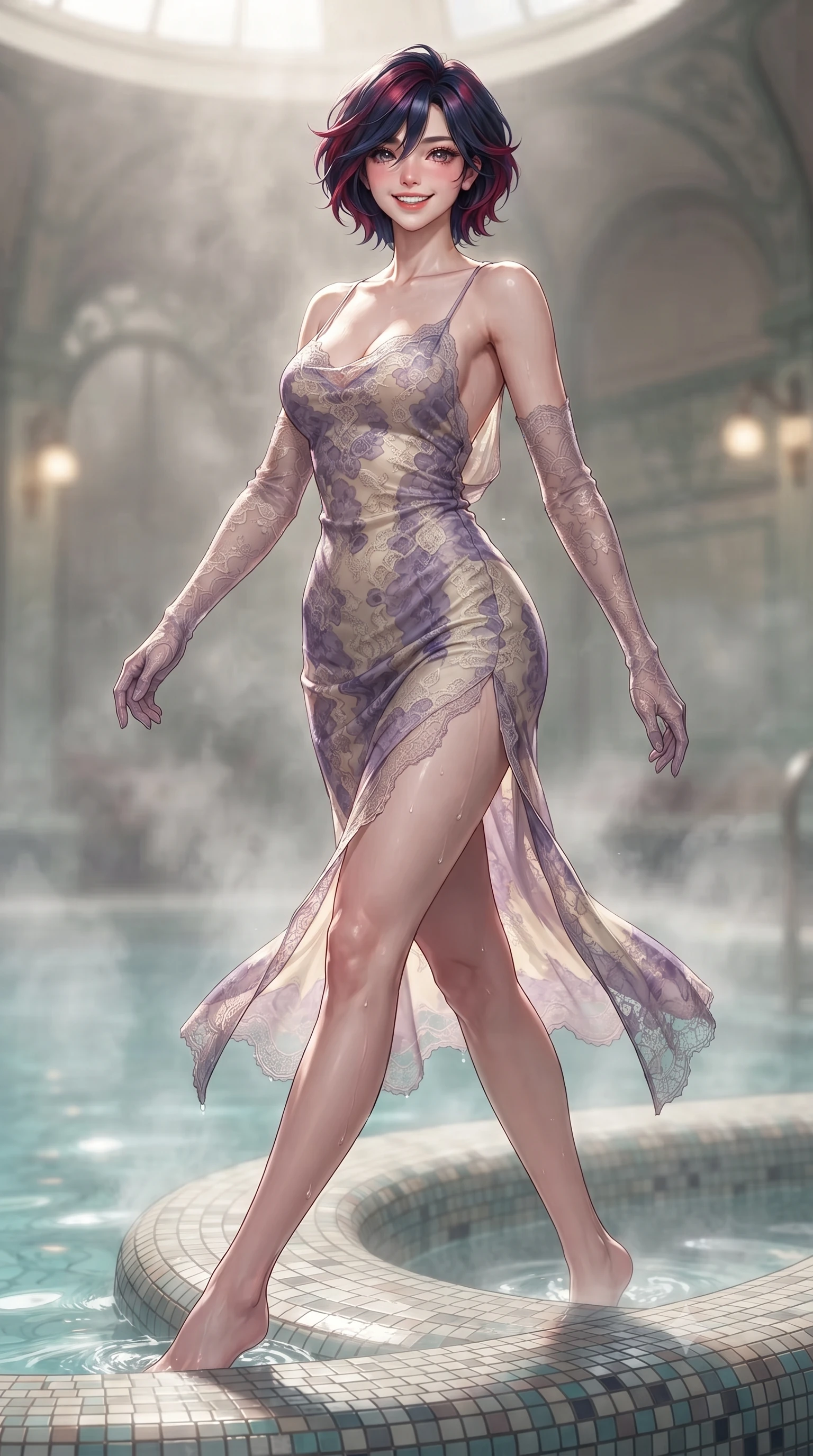 score_9, masterpiece, best quality, ultra-detailed, high-budget anime keyframe, editorial fashion photography, tasteful artistic composition, Korean woman. low angle full-body shot from head to toe showing her feet, filling the entire 9:16 vertical frame with her statuesque presence, stretching her vertical silhouette. stepping forward in a confident stride, her long slender legs and curvaceous hips creating a dynamic, sweeping vertical line while lounging in the steaming water propped on the curved mosaic rim with legs extended, her statuesque 8.5-heads silhouette commanding the sanctuary. The background shows a soft-focus rising thermal bath vapor softened in Jugendstil private spa shallow focus. She has an exceptionally tall and slender model-like 8.5-heads proportion, an ultra-slim waist, a flat toned midriff, narrow delicate ribcage, and beautifully sculpted feminine hips creating a graceful, slim hourglass silhouette without any bulky heaviness, with impossibly long slender legs. sharp v-shaped jawline, high-bridge nose, intricate jewel-like sparkling eyes with depth, thick eyelashes, glossy parted lips with a natural peach sheen, bright cheerful beaming smile with an enchanting and coquettish sensual glint, exuding both youthful cute charm and seductive allure, flawlessly proportioned anatomical accuracy, strict slender model proportions, natural body alignment, perfectly sculpted long slender limbs, ultra-slim waistline, clean dynamic posture without body distortion. wearing a form-contouring gossamer silk chiffon slip dress with a hip-high slit and open cowl back clinging with dewy moisture in Luberon lavender purple and Provençal limestone cream, made of delicate semi-sheer French Chantilly lace with intricate eyelash edges, complemented by sheer opera-length evening gloves tracing her slender arms, the form-contouring silhouette accentuating her sculpted flat midriff, narrow delicate ribcage, and gracefully curvy hips with intoxicating allure. illuminated by water surface reflection bounce and sharp platinum-cyan rim lights sculpting her jawline, narrow waist, and curvy hips. ultra-reflective glossy finish, specular highlights, rich textural contrasts, high-contrast stereoscopic depth, volumetric dynamic lighting, 2k, ultra detail, master piece, 9:16 ratio