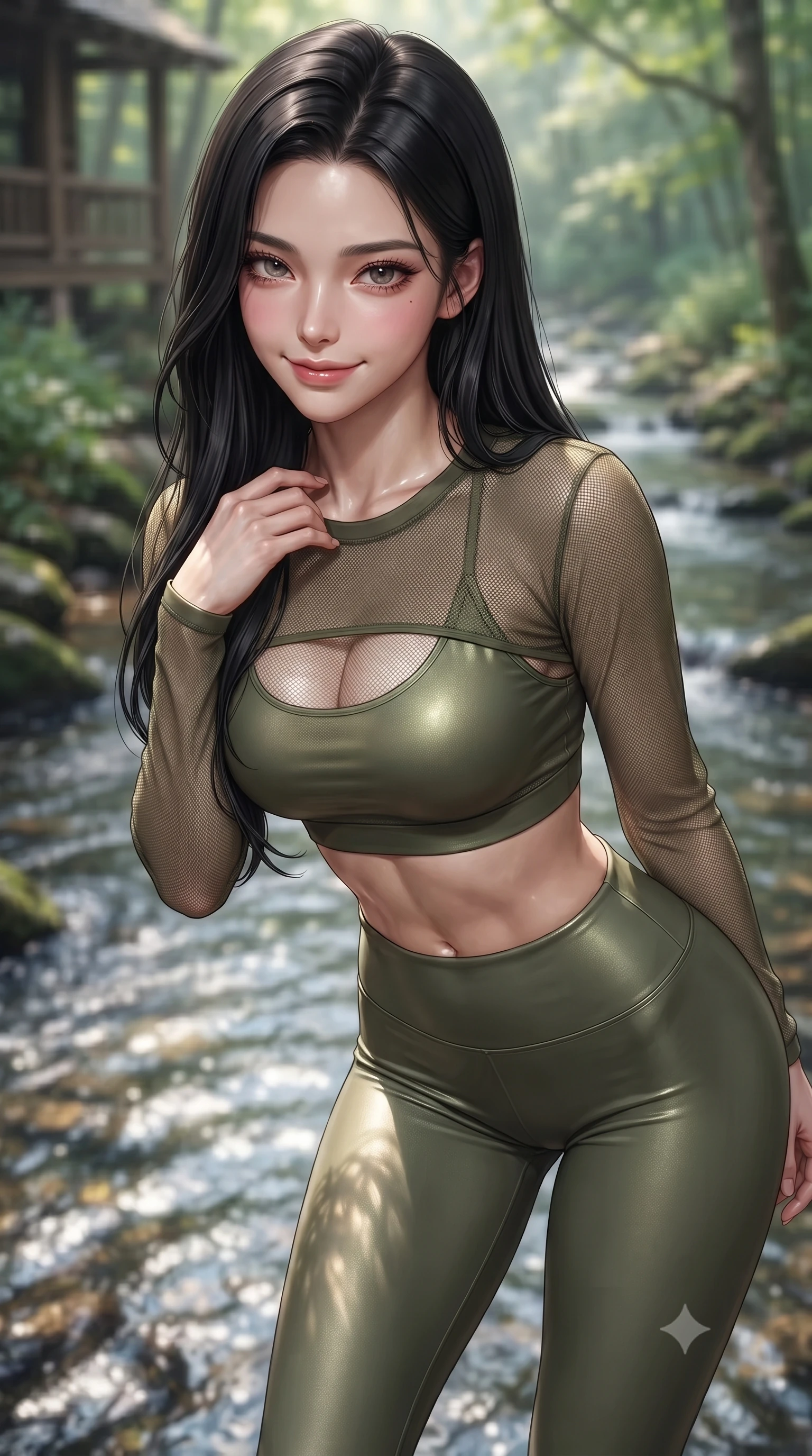score_9, masterpiece, best quality, ultra-detailed, high-budget anime keyframe, editorial fashion photography, tasteful artistic composition, Korean woman woman. close-up cowboy shot from the waist and thighs up, the character dominates the composition, filling the frame with her large presence, background elements kept in soft focus. leaning slightly forward with a playful, teasing smile, her gaze locked onto the viewer the background shows a soft-focus a cozy cottage porch beside a bubbling forest stream with clear running water. She has an exceptionally elegant, slender, and willowy female figure with an ultra-slim waist, a gracefully sculpted slender torso, and a refined silhouette. sharp v-shaped jawline, high-bridge nose, intricate jewel-like eyes with depth, thick eyelashes, glossy lips with a natural sheen. wearing a body-hugging sheer mesh long-sleeve crop top in olive green, worn over a matching sports bra and leggings. dappled sunbeams reflecting off the moving water surface onto her form. ultra-reflective glossy finish, specular highlights, metallic sheen, high-contrast stereoscopic depth, volumetric dynamic lighting, 2k, ultra detail, master piece, 9:16 ratio