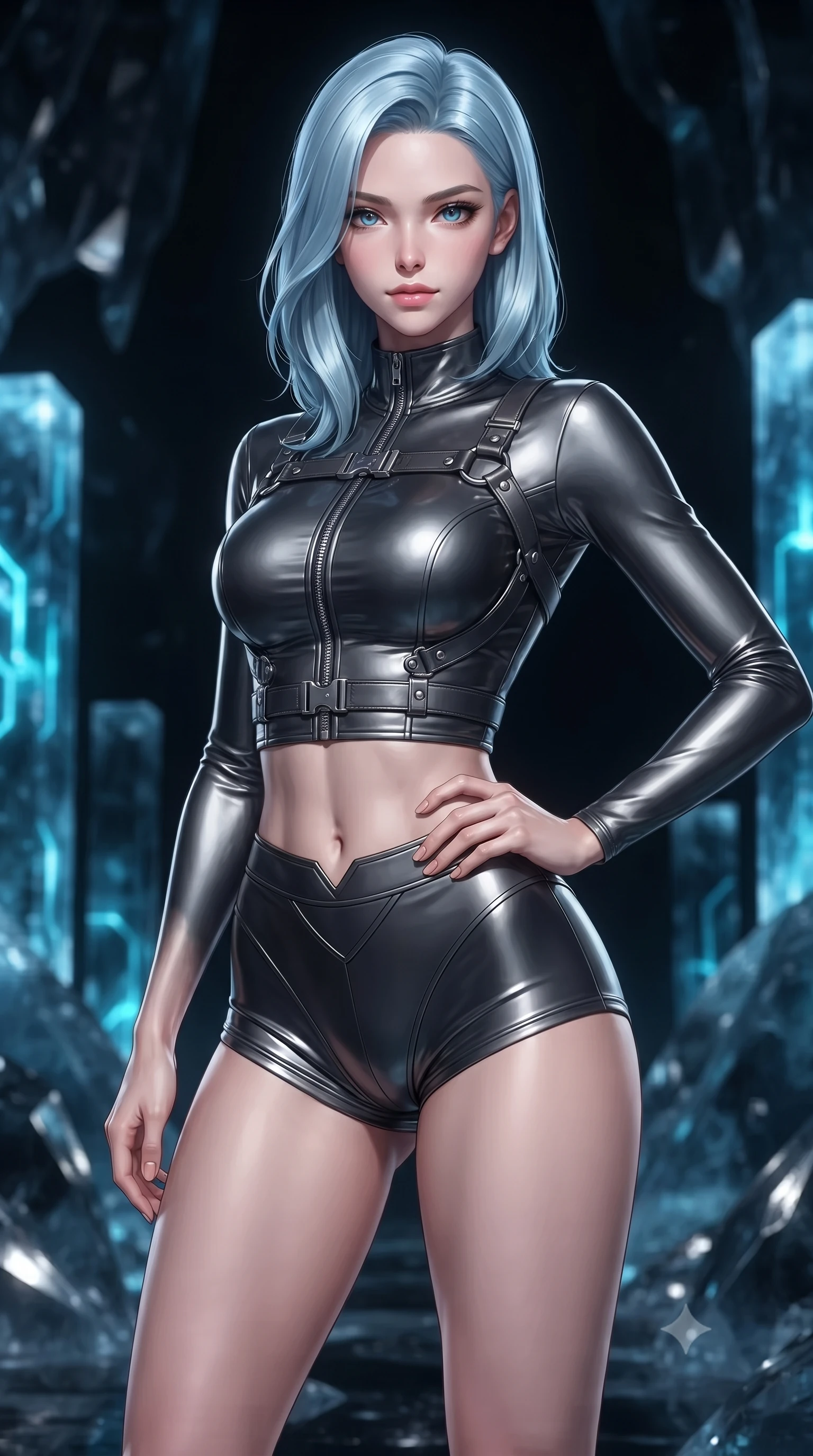 score_9, masterpiece, best quality, ultra-detailed, high-budget anime keyframe, editorial fashion photography, tasteful artistic composition, Korean woman. close-up cowboy shot from the waist and thighs up, the character dominates the composition, filling the frame with her large presence, background elements kept in soft focus. Holding a confident power pose with one hand on her hip, inside a pitch-black glacier ice temple filled with glowing cobalt circuit pillars, dark translucent ice facets reflecting sharp silver specular highlights. She has an exceptionally elegant, slender, and willowy female figure with an ultra-slim waist, a gracefully sculpted slender torso, and a refined silhouette. sharp v-shaped jawline, high-bridge nose, intricate jewel-like eyes with depth, thick eyelashes, glossy lips with a natural sheen. wearing high-cut micro-shorts and crop top set with dark leather harness in dark charcoal gray, made of liquid dark mercury jersey, finished with metallic silver boning and sleek zipper points, sculpting her athletic slender build with refined precision. illuminated by pulsing cyan electric circuit light piercing black glacier ice. ultra-reflective glossy finish, specular highlights, metallic sheen, high-contrast stereoscopic depth, volumetric dynamic lighting, 2k, ultra detail, master piece, 9:16 ratio