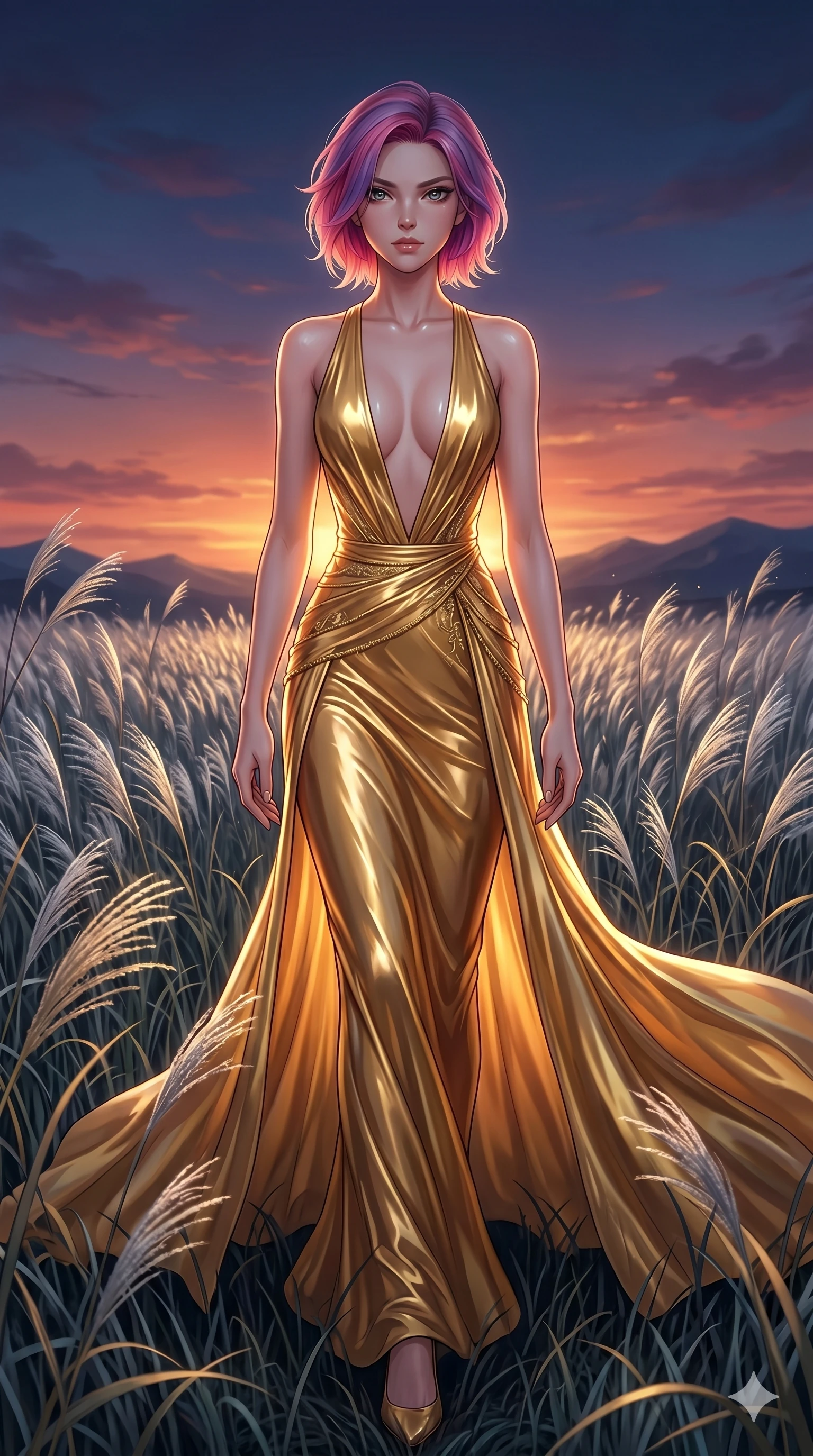 score_9, masterpiece, best quality, ultra-detailed, High-budget Anime Keyframe, East Asian woman. Dynamic full-body shot stretching the vertical silhouette to the limit. Scenario 88: Walking through a field of tall silver grass at twilight. Her presence is magnetic and overpowering in this high-budget anime scene. Outfit 88: A molten liquid silk gold with a plunging V-neckline and wet-look texture. The clothing is designed to emphasize her exceptionally tall and slender 8-heads proportion. 8-heads proportion, towering silhouette, ultra-slim waist. sharp v-shaped jawline, intricate jewel-like eyes with depth, thick eyelashes, glossy lips. 2k, ultra detail, master piece, 9:16 ratio