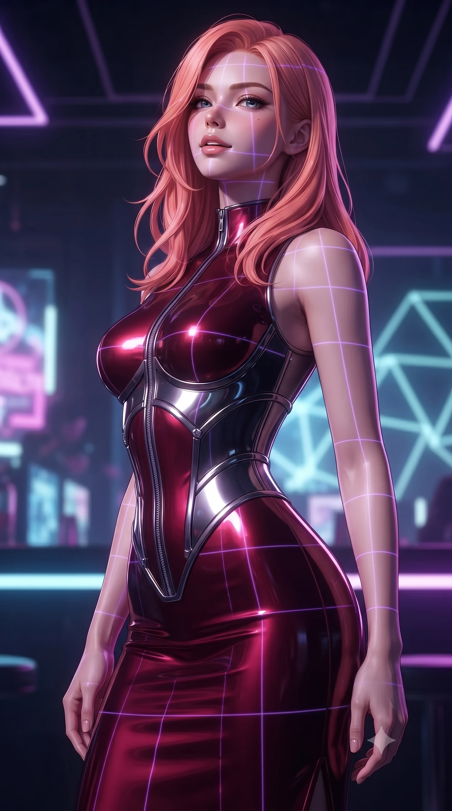 score_9, masterpiece, best quality, ultra-detailed, high-budget anime keyframe, editorial fashion photography, tasteful artistic composition, Japanese woman. close-up cowboy shot from the waist and thighs up, the character dominates the composition, filling the frame with her large presence, background elements kept in soft focus. Tilting her chin up slightly with lips parted in a composed, magnetic expression, looking back over her shoulder with an enigmatic half-smile in a cyber lounge, laser grid lines casting geometric violet patterns across her sleek gown. She has an exceptionally elegant, slender, and willowy female figure with an ultra-slim waist, a gracefully sculpted slender torso, and a refined silhouette. sharp v-shaped jawline, high-bridge nose, intricate jewel-like eyes with depth, thick eyelashes, glossy lips with a natural sheen. wearing fitted liquid mercury jersey maxi dress hugging every curve in deep crimson burgundy, made of sculpted obsidian metallic chrome, finished with metallic silver boning and sleek zipper points, accentuating her gracefully sculpted slender torso. lit by intense digital key light piercing through deep cyber shadows. ultra-reflective glossy finish, specular highlights, metallic sheen, high-contrast stereoscopic depth, volumetric dynamic lighting, 2k, ultra detail, master piece, 9:16 ratio