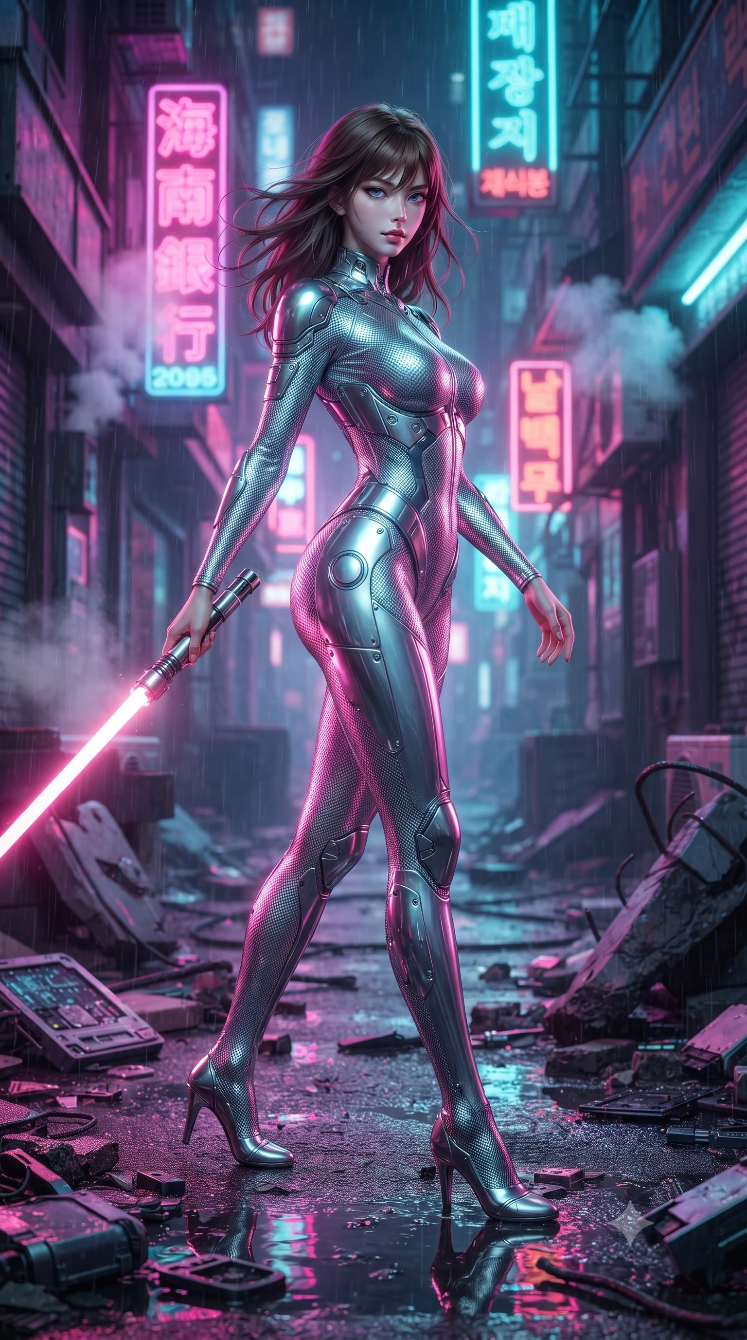 score_9, masterpiece, best quality, ultra-detailed, high-budget anime keyframe, editorial fashion photography, tasteful artistic composition, Korean woman. low angle full-body shot from head to toe showing her feet, filling the entire 9:16 vertical frame with her statuesque presence, stretching her vertical silhouette. stepping gracefully through battlefield debris with a glowing saber hilt in hand, looking back over her shoulder, the background shows a soft-focus a rain-slicked cyberpunk back alley illuminated by flickering neon signs. She has an absolutely perfect, statuesque 8.5-heads proportion, an exceptionally tall and slender model-like female figure with impossibly long slender legs and an ultra-slim waist. sharp v-shaped jawline, high-bridge nose, intricate jewel-like eyes with depth, thick eyelashes, glossy lips with a natural sheen. wearing a body-hugging delicate silver nano-mesh bodysuit with strategically placed chrome armor plate guards covering key curves. intense magenta and cyan neon lights reflecting off the wet asphalt surface. ultra-reflective glossy finish, specular highlights, metallic sheen, high-contrast stereoscopic depth, volumetric dynamic lighting, 2k, ultra detail, master piece, 9:16 ratio