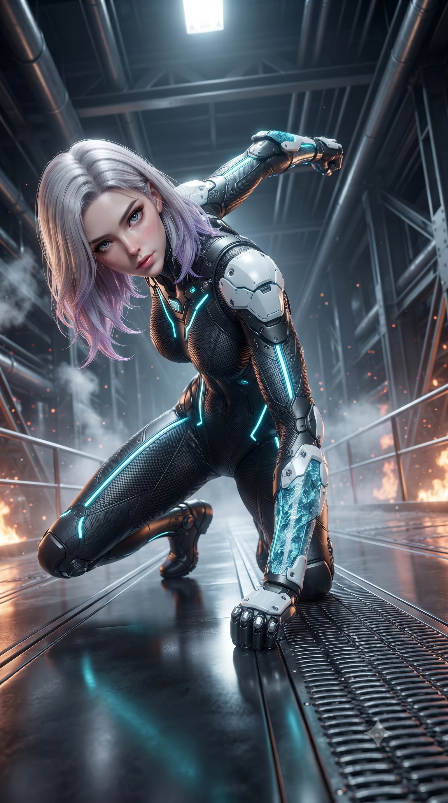 score_9, masterpiece, best quality, ultra-detailed, high-budget anime keyframe, editorial fashion photography, tasteful artistic composition, Caucasian woman. low angle full-body shot from head to toe showing her feet, filling the entire 9:16 vertical frame with her statuesque presence, stretching her vertical silhouette. pivoting dynamically in a high-speed low sweep kick along the reflective floor, her athletic torso and ultra-slim waist twisting in a fluid arc of power while landing in a low crouched stance with one fist planted on the metal grating, looking up with a dangerous, alluring smolder. The surrounding environment is rendered in vivid detail and crisp panoramic clarity. detailed steam pipe condensation beads, magma bubble bursts, and steel support beams in high resolution. She has an absolutely perfect, statuesque 8.5-heads proportion, an exceptionally tall and slender model-like female figure with impossibly long slender legs, a toned flat midriff, and an ultra-slim waist. sharp v-shaped jawline, high-bridge nose, intricate jewel-like eyes with depth, thick eyelashes, glossy lips with a natural sheen, flawlessly proportioned anatomical accuracy, strict slender model proportions, natural body alignment, perfectly sculpted long slender limbs, ultra-slim waistline, clean dynamic posture without body distortion. wearing a high-mobility matte-black carbon-fiber combat bodysuit with glowing neon cyan kinetic conduits and Damascus-textured knuckle guards in glacial ice-cyan carbon mesh with pure white armor plates, tailored from flexible second-skin carbon-mesh that clings flawlessly to her athletic curves, detailed with magnetic knuckle shock-absorbers and polished chrome articulation joints, the liquid-tight tailored fabric emphasizing every curve of her tall, slender model proportions and sculptured silhouette during dynamic movement. surrounded by an elemental, fierce, and irresistibly powerful cyber-valkyrie of flame aura. ultra-reflective glossy finish, specular highlights, dark metallic sheen, high-contrast stereoscopic depth, volumetric dynamic lighting, 2k, ultra detail, master piece, 9:16 ratio