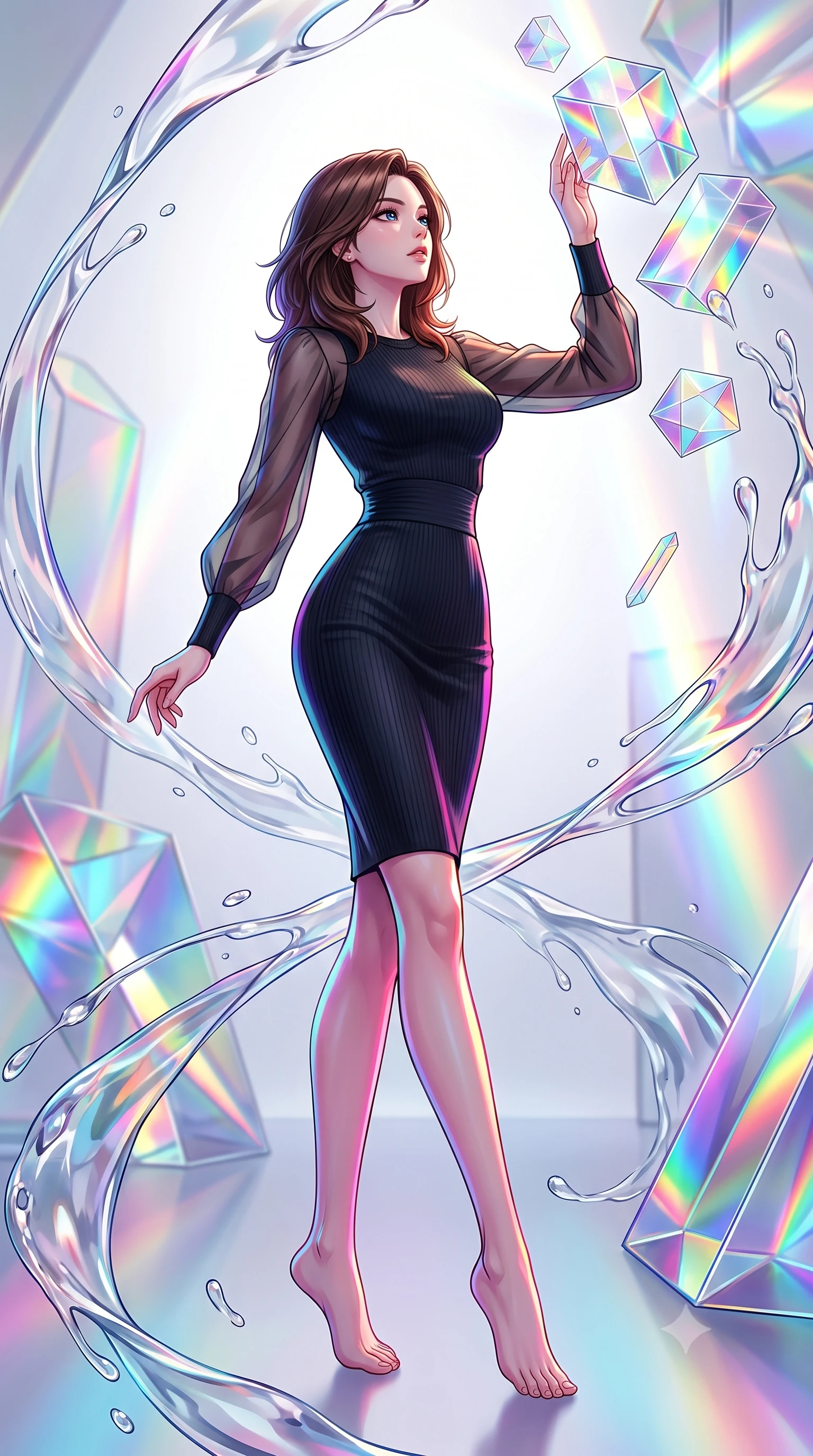 score_9, masterpiece, best quality, ultra-detailed, high-budget anime keyframe, editorial fashion photography, tasteful artistic composition, Korean woman. low angle full-body shot from head to toe showing her feet, filling the entire 9:16 vertical frame with her statuesque presence, stretching her vertical silhouette. interacting gracefully with the magical floating elements while maintaining a confident posture interacting with floating glass prisms that refract liquid light into rainbows, translucent liquid acrylic trails creating dynamic motion paths. She has an absolutely perfect, statuesque 8.5-heads proportion, an exceptionally tall and slender model-like female figure with impossibly long slender legs and an ultra-slim waist. sharp v-shaped jawline, high-bridge nose, intricate jewel-like eyes with depth, thick eyelashes, glossy lips with a natural sheen. wearing a sleek bodycon knit dress with strategic sheer organza sleeve panels and a tight waist, the form-contouring material highlighting her ultra-slim waist and long lines. drenched in bright white key light with colorful prismatic rim lighting. highly saturated vibrant anime colors, detailed shading with soft gradients, rich glossy textures, high-contrast stereoscopic depth, volumetric dynamic lighting, master piece, 9:16 ratio