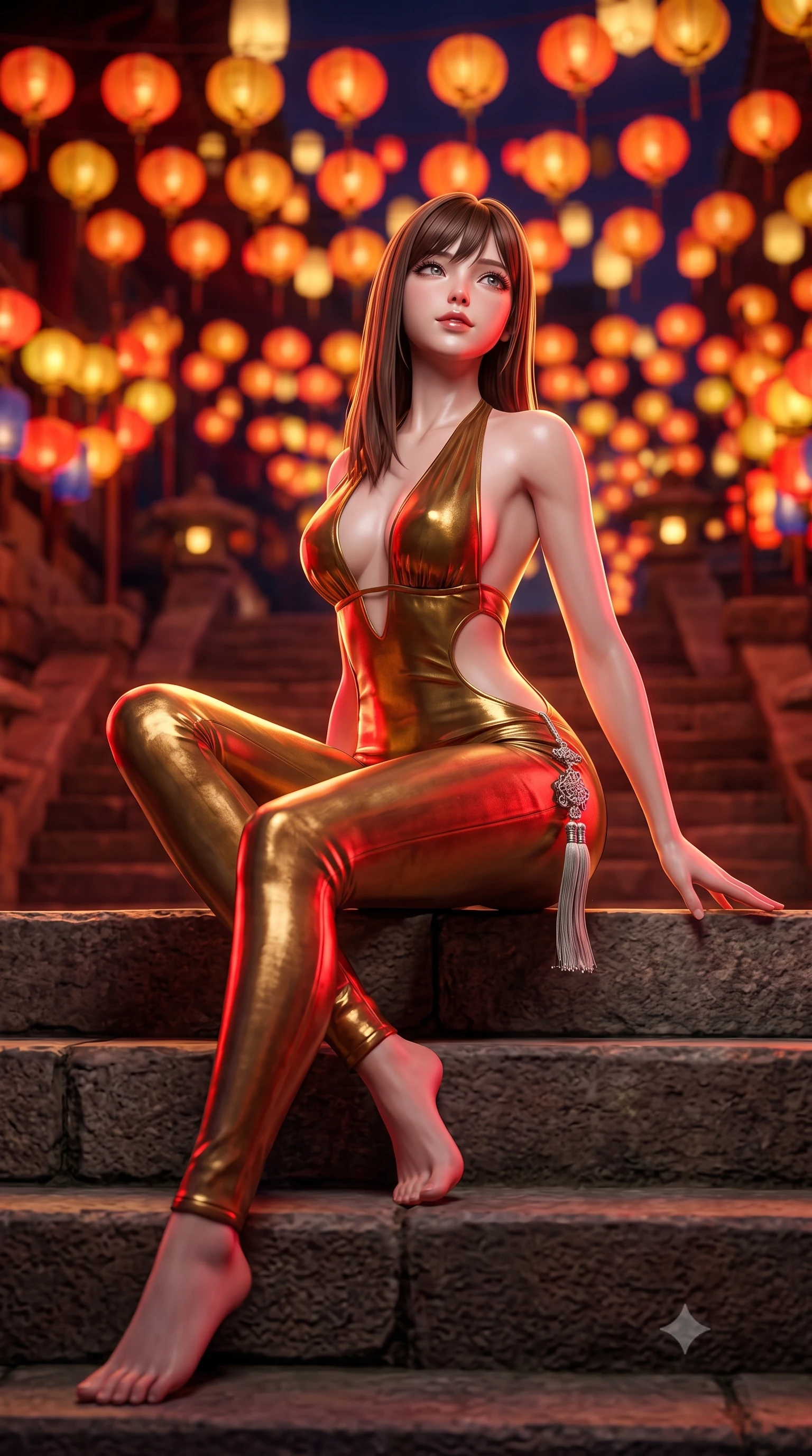 score_9, masterpiece, best quality, ultra-detailed, high-budget anime keyframe, semi-realistic 3D game render, editorial fashion photography, tasteful artistic composition, Korean woman. low angle full-body shot from head to toe showing her feet, filling the entire 9:16 vertical frame with her statuesque presence, stretching her vertical silhouette. sitting poised on the stone steps with one knee bent, arching her spine with supermodel elegance as she glances upward through thick eyelashes while twisting her slender torso in an alluring contrapposto stance, palace festival lanterns casting vibrant crimson glow across her curves. The background shows a soft-focus hundreds of hanging royal festival lanterns and stone terrace stairways blurred into deep vermilion, gold, and indigo bokeh. She has an absolutely perfect, statuesque 8.5-heads proportion, an exceptionally tall and slender model-like female figure with impossibly long slender legs, an ultra-slim waist, a flat toned midriff, narrow delicate ribcage, and beautifully sculpted feminine hips creating a graceful, slim hourglass silhouette without any bulky heaviness. sharp v-shaped jawline, high-bridge nose, sparkling eyes with hypnotic seductive depth, thick curled eyelashes, glossy parted lips with a natural dewy peach sheen, alluring bedroom-eyes with an enchanting coquettish smile, exuding magnetic siren charisma and sophisticated glamour, flawlessly proportioned anatomical accuracy, strict slender model proportions, natural body alignment, perfectly sculpted long slender limbs, ultra-slim waistline, clean dynamic posture without body distortion. wearing a liquid metallic lamé plunge halterneck jumpsuit clinging like a second skin with high-cut side hip cutouts in warm amber honey and antique gold leaf, woven from stretch metallic lurex jersey casting radiant starlight glints across her silhouette, accented with an intricate silver norigae tassel swaying gracefully along her curving hip line, the liquid-tight tailored fabric clinging flawlessly to her narrow waist and rounded feminine hips, emphasizing every millimeter of her sculpted slim hourglass curves without any bulky heaviness. illuminated by brazier firelight fill and sharp golden rim lights sculpting her jawline, flat midriff, and voluptuous hip curves. highly saturated vibrant anime colors, detailed shading with soft gradients, rich glossy textures, high-contrast stereoscopic depth, volumetric dynamic lighting, master piece, 9:16 ratio