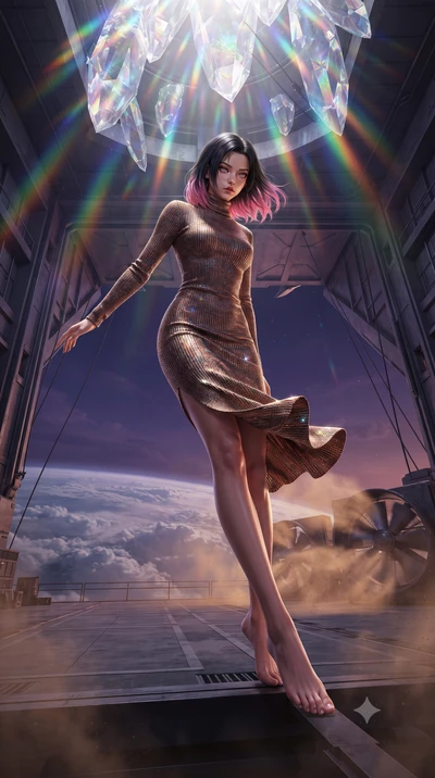 score_9, masterpiece, best quality, ultra-detailed, high-budget anime keyframe, editorial fashion photography, tasteful artistic composition, realistic cosplay photography, Korean woman. low angle full-body shot from head to toe showing her feet, fil