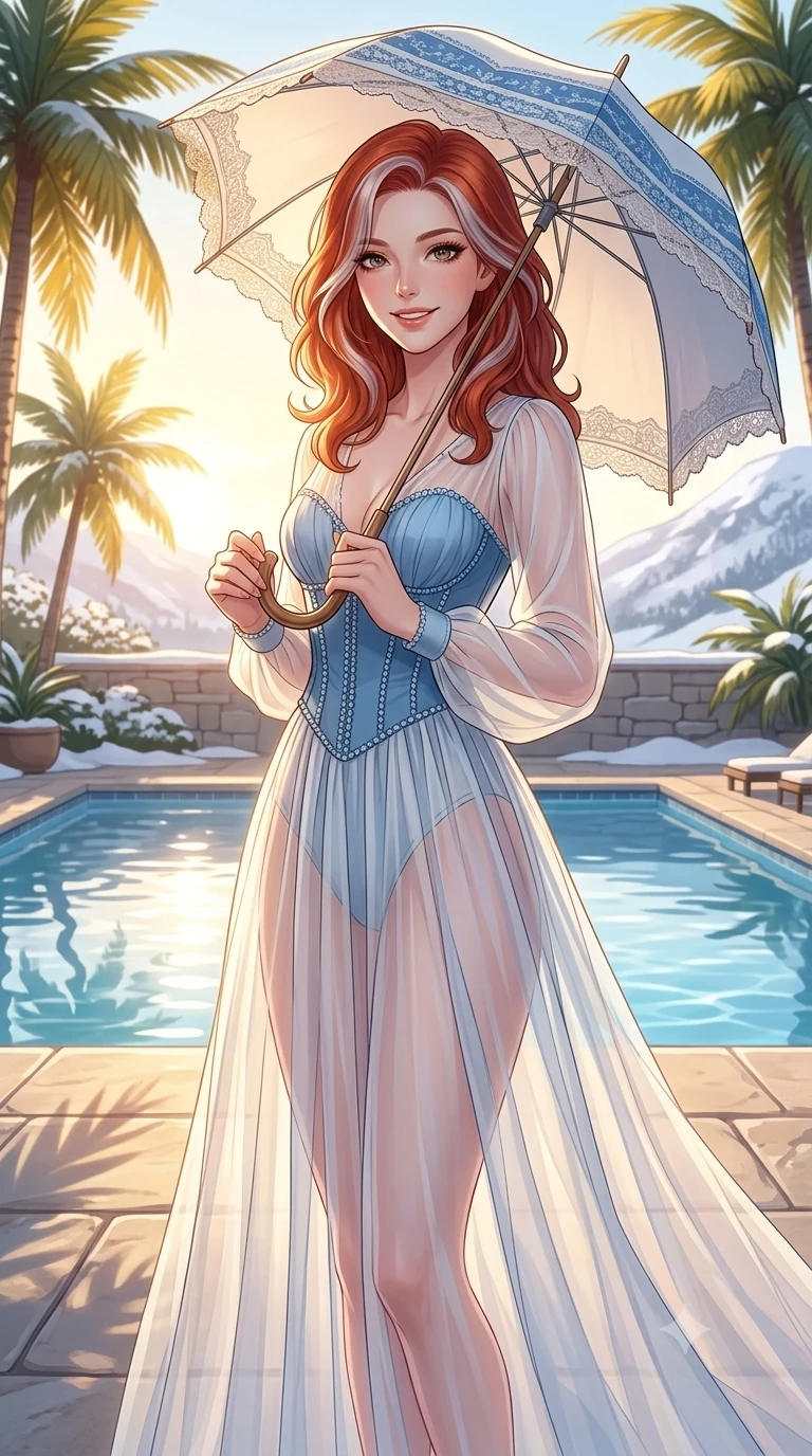 score_9, masterpiece, best quality, ultra-detailed, high-budget anime keyframe, vibrant anime aesthetic, Caucasian woman, strictly human ears. cowboy shot from the thighs up, character and outfit filling the frame for maximum presence. She is holding a parasol with a bright, charming winter smile, looking directly at the lens by a private resort pool under bright winter afternoon sun (Code-P21-163). She has an absolutely perfect 8-heads proportion, an exceptionally tall and slender female figure with impossibly long slender legs and an ultra-slim waist. V-shaped jawline, high-bridge nose, intricate jewel-like eyes with depth, thick eyelashes, glossy lips with a natural sheen. wearing a sheer chiffon dress with a blue corset bodice in winter. She is bathed in soft, radiant golden hour sun casting long, elegant shadows around her. 2k, ultra detail, master piece, 9:16 ratio