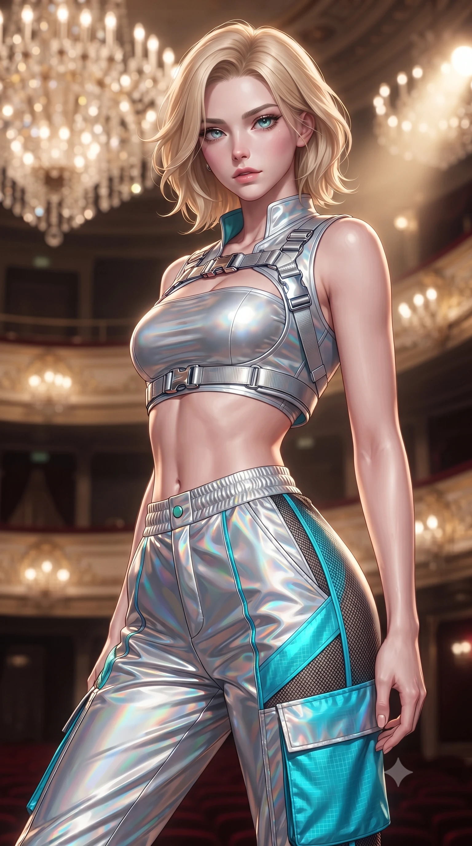 score_9, masterpiece, best quality, ultra-detailed, high-budget anime keyframe, editorial fashion photography, tasteful artistic composition, Caucasian woman. close-up cowboy shot from the waist and thighs up, the character dominates the composition, filling the frame with her large presence. radiating intense magnetic charisma with jewel-like eyes locked onto the viewer, her upper body turning in a dynamic, fluid S-curve while arching her spine in a fluid, regal posture while casting a mesmerizing, sovereign gaze into the lens. The composition keeps background elements in soft focus with creamy bokeh. cascading crystal chandeliers and multi-tiered gilded theater balconies blurred into radiant diamond, ruby, and gold bokeh. She has an exceptionally elegant, slender, and willowy female figure with an ultra-slim waist, a gracefully sculpted slender torso, toned flat midriff, and a refined slim silhouette. sharp v-shaped jawline, high-bridge nose, intricate jewel-like eyes with depth, thick eyelashes, glossy lips with a natural sheen, captivating and magnetic expression, flawlessly proportioned anatomical accuracy, strict slender model proportions, natural body alignment, perfectly sculpted long slender limbs, ultra-slim waistline, clean dynamic posture without body distortion. wearing a futuristic cropped tech-harness vest worn over a silver reflective tube top and high-rise metallic parachute cargo pants in holographic silver and electric cyan, crafted from high-gloss metallic ripstop nylon and flexible carbon mesh, detailed with heavy-duty chrome quick-release buckles and D-ring straps, the form-contouring material adhering flawlessly to her sculpted flat midriff and slender torso, emphasizing her long leg lines and perfectly proportioned willowy build. surrounded by an aristocratic, majestic, and enchantingly sovereign high-society queen aura. ultra-reflective glossy finish, specular highlights, rich textural contrasts, high-contrast stereoscopic depth, volumetric dynamic lighting, 2k, ultra detail, master piece, 9:16 ratio