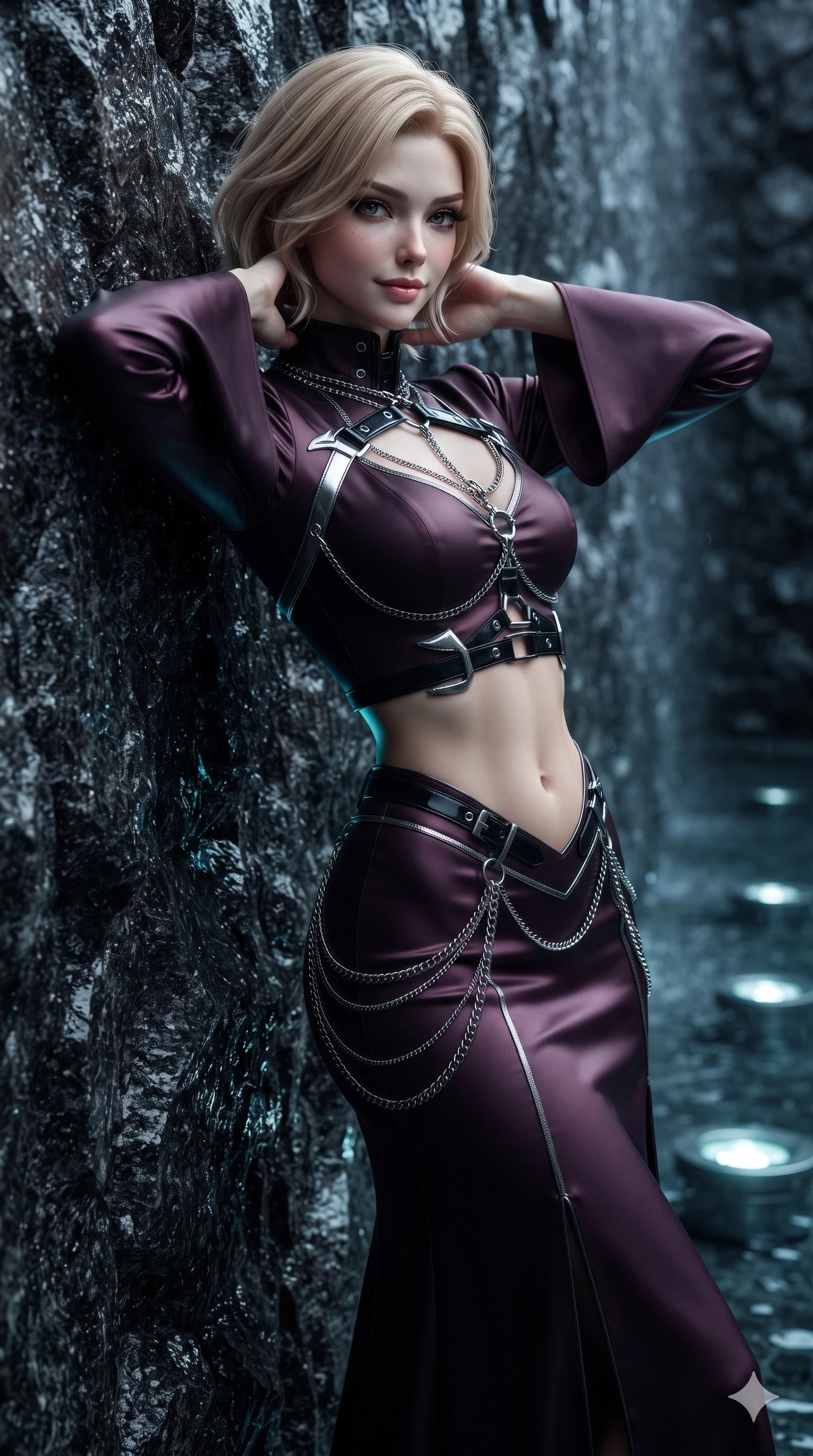 score_9, masterpiece, best quality, ultra-detailed, high-budget anime keyframe, editorial fashion photography, tasteful artistic composition, Caucasian woman. close-up cowboy shot from the waist and thighs up, the character dominates the composition, filling the frame with her large presence. resting both hands lightly behind her neck with elbows raised, arching her spine to highlight her narrow waist and flat midriff while leaning against the sheer wet basalt water wall with hips cocked back, looking through thick curled eyelashes with smoldering bedroom-eyes. The surrounding environment is rendered in vivid detail and crisp panoramic clarity: sharp wet basalt rock grain, submerged stainless steel light housings, and pristine water surface reflections in deep focus. She has an exceptionally elegant, slender, and willowy female figure with an ultra-slim waist, flat toned midriff, narrow ribcage, and sculpted feminine hips creating an alluring, slim hourglass silhouette without bulk. sharp v-shaped jawline, high-bridge nose, intricate jewel-like dark sparkling eyes with hypnotic seductive depth, thick curled eyelashes, glossy parted lips with a natural wine sheen, alluring bedroom-eyes with an enigmatic smoldering smile, exuding magnetic sovereign charisma and dark avant-garde glamour, flawlessly proportioned anatomical accuracy, strict slender model proportions, natural body alignment, perfectly sculpted long slender limbs, ultra-slim waistline, clean dynamic posture without body distortion. wearing a gothic high-collar dark plum silk evening gown with long bell sleeves in metallic liquid silver and pitch black, tailored from soft dark satin with subtle light-absorbing depth, framed by dark titanium buckles and silver chain details, accentuating her gracefully sculpted slender torso and statuesque proportions. illuminated by water reflection upward bounce and sharp electric-cyan rim lights defining her razor-sharp jawline, narrow waist, and curvy hips. ultra-reflective glossy finish, specular highlights, metallic sheen, high-contrast stereoscopic depth, volumetric dynamic lighting, 2k, ultra detail, master piece, 9:16 ratio