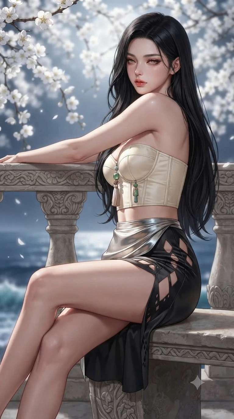 score_9, masterpiece, best quality, ultra-detailed, high-budget anime keyframe, editorial fashion photography, tasteful artistic composition, Korean woman. close-up cowboy shot from the waist and thighs up, the character dominates the composition, filling the frame with her large presence. leaning back against the balustrade with relaxed seductive grace, head tilted back slightly while casting a hypnotic, heavy-lidded gaze while perched sideways on the stone bench with legs crossed, looking over a bare shoulder with parted glossy lips in an irresistible siren gaze. The background shows a soft-focus cascading white plum blossoms, crashing ocean surf far below, and endless midnight sea horizon blurred into pure white, sapphire, and cobalt bokeh. She has an exceptionally elegant, slender, and willowy female figure with an ultra-slim waist, flat toned midriff, narrow ribcage, and sculpted feminine hips creating an alluring, slim hourglass silhouette without bulk. sharp v-shaped jawline, high-bridge nose, sparkling eyes with hypnotic seductive depth, thick curled eyelashes, glossy parted lips with a natural dewy peach sheen, alluring bedroom-eyes with an enchanting coquettish smile, exuding magnetic siren charisma and sophisticated glamour, flawlessly proportioned anatomical accuracy, strict slender model proportions, natural body alignment, perfectly sculpted long slender limbs, ultra-slim waistline, clean dynamic posture without body distortion. wearing a structured underwire silk bustier top with norigae accents paired with a high-cut draped sarong mini wrap in liquid mercury chrome and deep ink black, adorned with laser-cut diamond side panels revealing teasing glimpses of bare skin, finished with authentic carved jade pendants and traditional norigae knots, the bespoke structured tailoring following the natural line of her 8.5-heads silhouette with refined elegance. bathed in brilliant 4500K celestial moonlight washing across white plum blossoms and carved stone balustrades. ultra-reflective glossy finish, specular highlights, rich textural contrasts, high-contrast stereoscopic depth, volumetric dynamic lighting, 2k, ultra detail, master piece, 9:16 ratio