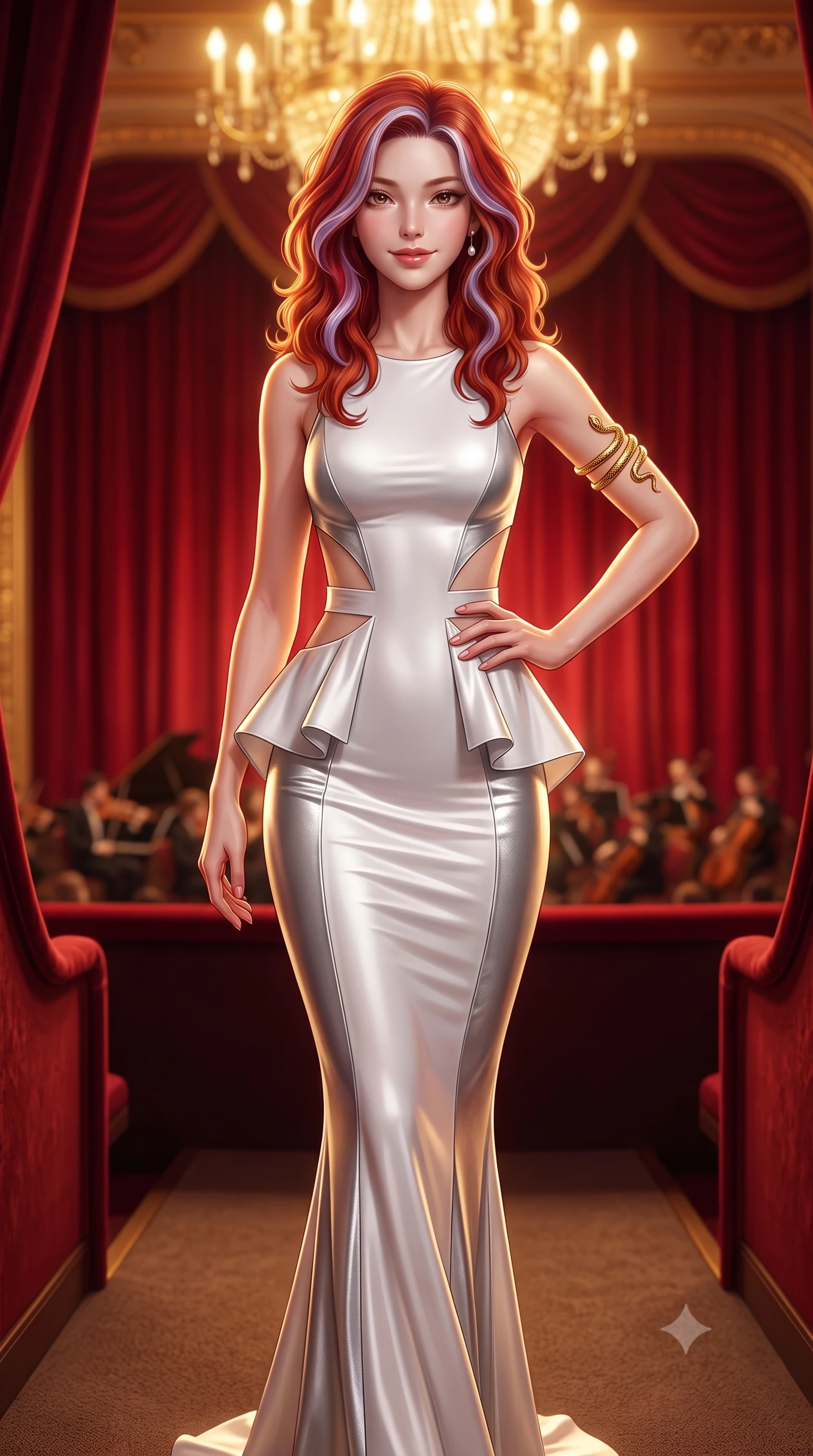 score_9, masterpiece, best quality, ultra-detailed, high-budget anime keyframe, semi-realistic 3D game render, editorial fashion photography, tasteful artistic composition, Caucasian woman. close-up cowboy shot from the waist and thighs up, the character dominates the composition, filling the frame with her large presence. smiling with subtle, enchanting allure and glossy parted lips, one hand resting on her waist with effortless supermodel poise while stepping along the private opera loge walkway with sweeping couture elegance and magnetic charisma. The composition keeps background elements in soft focus with creamy bokeh. plush crimson velvet box curtains and distant orchestra seating softened in luxurious atmospheric depth. She has an exceptionally elegant, slender, and willowy female figure with an ultra-slim waist, a gracefully sculpted slender torso, toned flat midriff, and a refined slim silhouette. sharp v-shaped jawline, high-bridge nose, intricate jewel-like eyes with depth, thick eyelashes, glossy lips with a natural sheen, captivating and magnetic expression, flawlessly proportioned anatomical accuracy, strict slender model proportions, natural body alignment, perfectly sculpted long slender limbs, ultra-slim waistline, clean dynamic posture without body distortion. wearing a structural geometric peplum gown with sheer side-ribbon cutouts and form-fitting skirt in pristine arctic white and metallic silver, tailored from liquid silk jersey adhering flawlessly to her slender build, accented with a sculptured gold serpent armlet and pearl drop earrings, the precision-cut daring openings accentuating her delicate midriff, graceful bare collarbones, and ultra-slim feminine waistline. bathed in opulent golden chandelier illumination and rich ambient amber warmth. highly saturated vibrant anime colors, detailed shading with soft gradients, rich glossy textures, high-contrast stereoscopic depth, volumetric dynamic lighting, master piece, 9:16 ratio