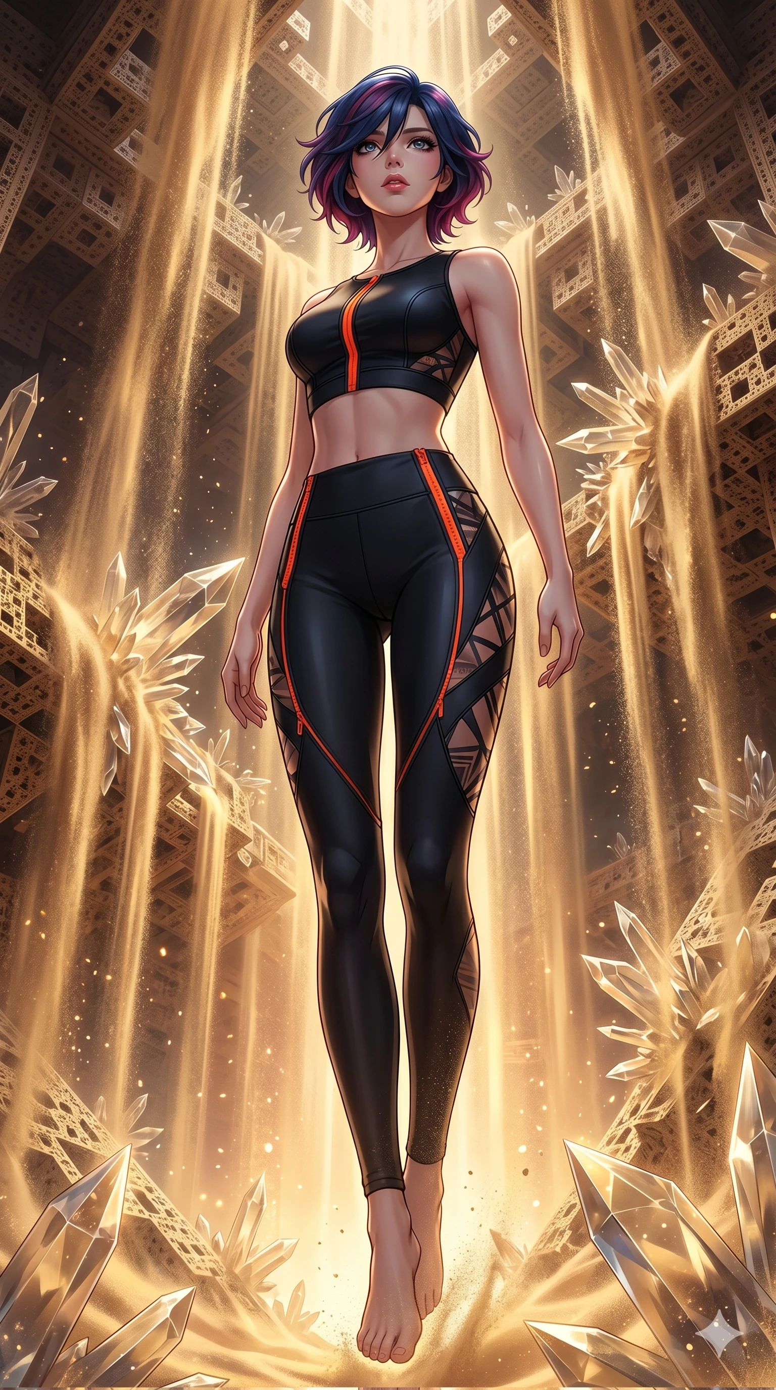 score_9, masterpiece, best quality, ultra-detailed, high-budget anime keyframe, Korean woman. low angle full-body shot filling the entire 9:16 frame with her statuesque presence, stretching the vertical silhouette. descending through a fractal quicksand temple where golden sand waterfalls transform into glass crystals, revealing intricate repeating patterns. She has an absolutely perfect 8-heads proportion, an exceptionally tall and slender female figure with impossibly long slender legs and an ultra-slim waist. V-shaped jawline, high-bridge nose, intricate jewel-like eyes with depth, thick eyelashes, glossy lips with a natural sheen.. wearing a second-skin neoprene cyber-athleisure set, featuring a tight crop top and leggings with fluorescent orange zipper accents and side slash panels. illuminated by dramatic chiaroscuro casting soft shadows along her curves, with vibrant backlighting highlighting the dust particles. 2k, ultra detail, master piece, 9:16 ratio