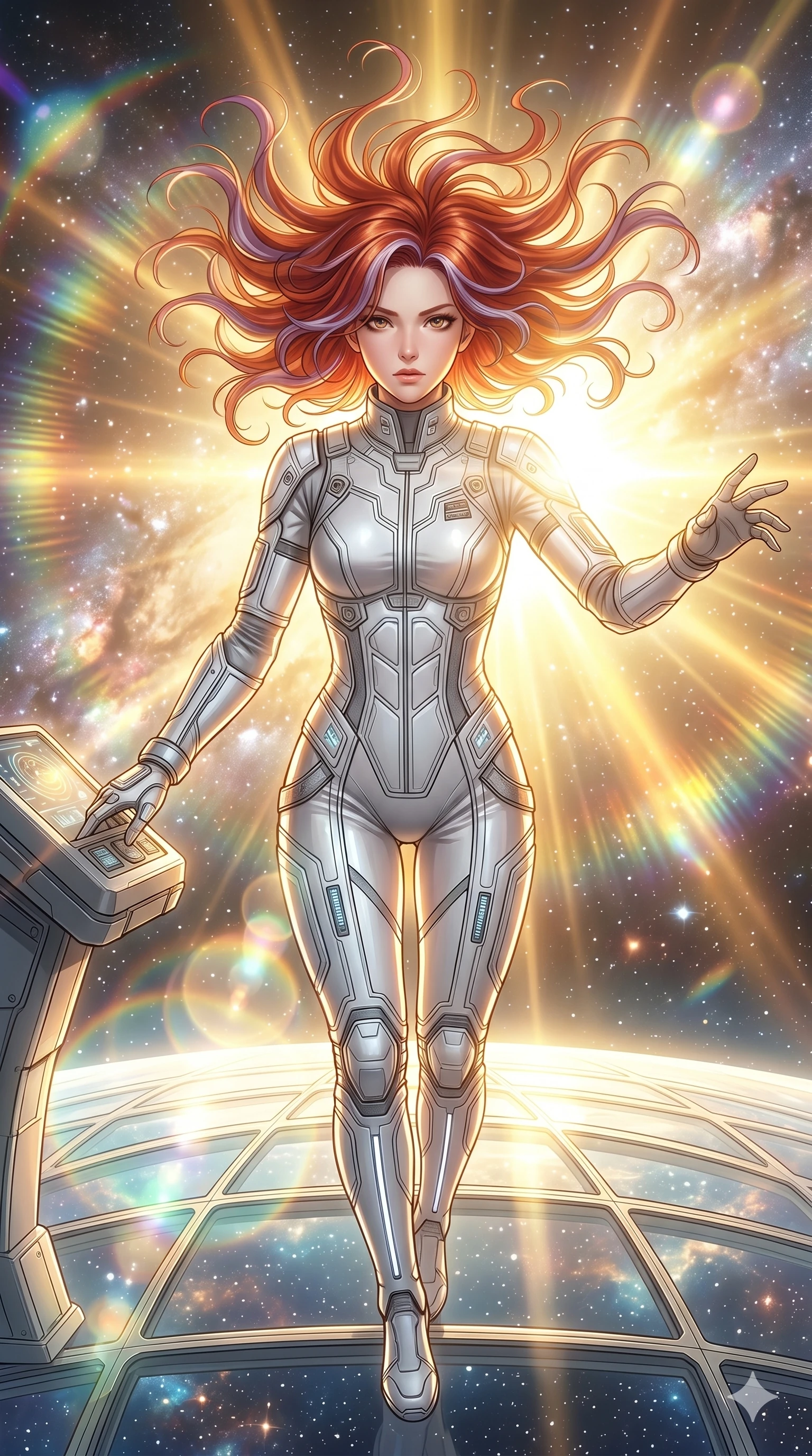 score_9, masterpiece, best quality, ultra-detailed, high-budget anime keyframe, Caucasian woman, strictly human ears. Upper body close-up from the thighs up, character filling the screen for maximum presence. Standing on the solar sail deck of a spaceship, looking out into the cosmos, her hair floating in zero-gravity with a determined look. She is wearing a tailored tech-jumpsuit in white and silver, with structured panel overlays. The scene is drenched in blindingly bright golden solar rays and refracting lens flares. 2k, ultra detail, master piece, 9:16 ratio