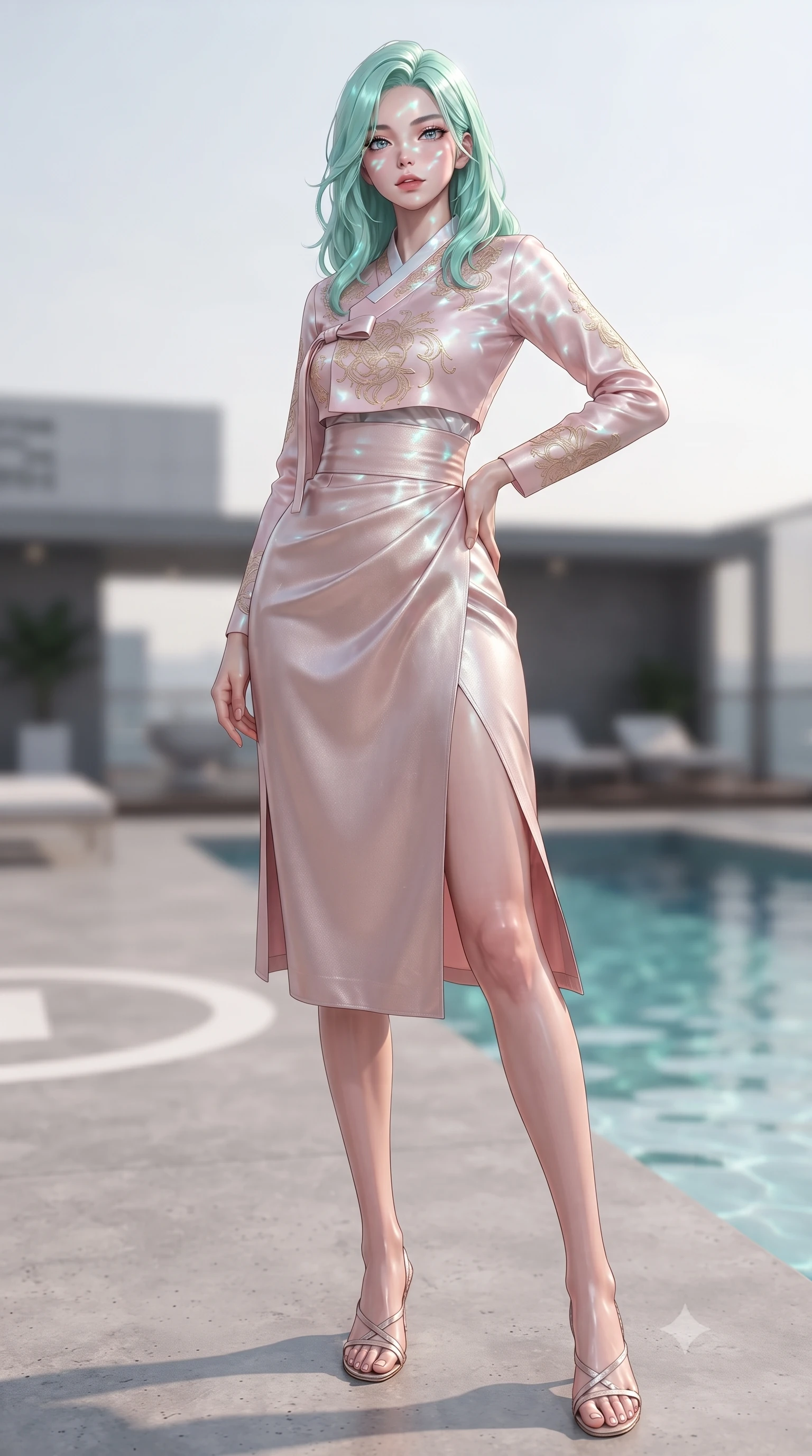 score_9, masterpiece, best quality, ultra-detailed, high-budget anime keyframe, editorial fashion photography, tasteful artistic composition, Japanese woman. low angle full-body shot from head to toe showing her feet, filling the entire 9:16 vertical frame with her statuesque presence, stretching her vertical silhouette. posing confidently with one hand on her hip, stretching her statuesque body to emphasize her curves the background shows a soft-focus a concrete helipad deck next to a private swimming pool on a rooftop. She has an absolutely perfect, statuesque 8.5-heads proportion, an exceptionally tall and slender model-like female figure with impossibly long slender legs and an ultra-slim waist. sharp v-shaped jawline, high-bridge nose, intricate jewel-like eyes with depth, thick eyelashes, glossy lips with a natural sheen. wearing a body-hugging modern fusion hanbok jeogori in light pink silk, paired with a high-waisted wrap skirt. shifting aqua light reflections from the pool water mapping across her features. ultra-reflective glossy finish, specular highlights, metallic sheen, high-contrast stereoscopic depth, volumetric dynamic lighting, 2k, ultra detail, master piece, 9:16 ratio